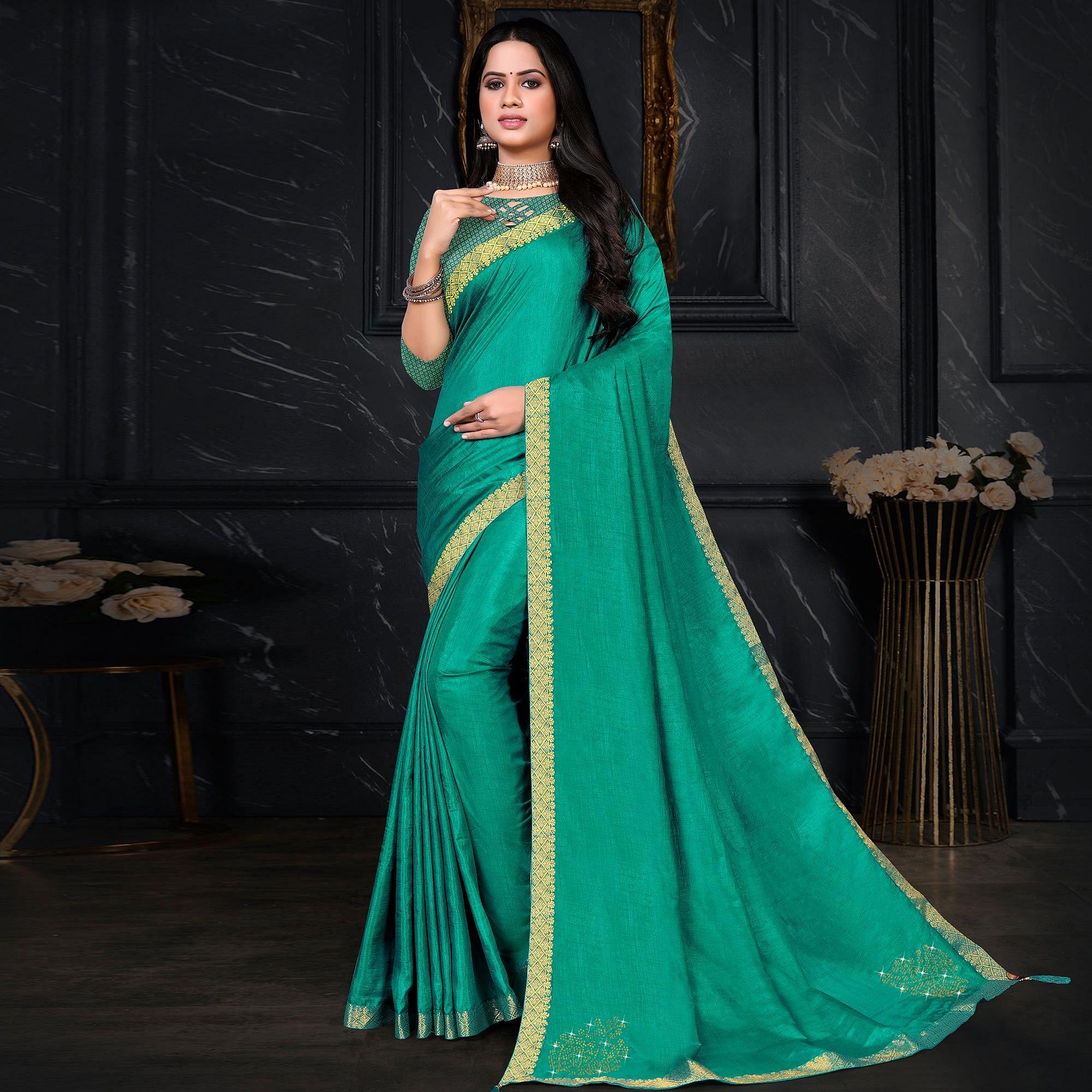 Turquoise Festive Wear Embellished Vichitra Silk Saree - Peachmode