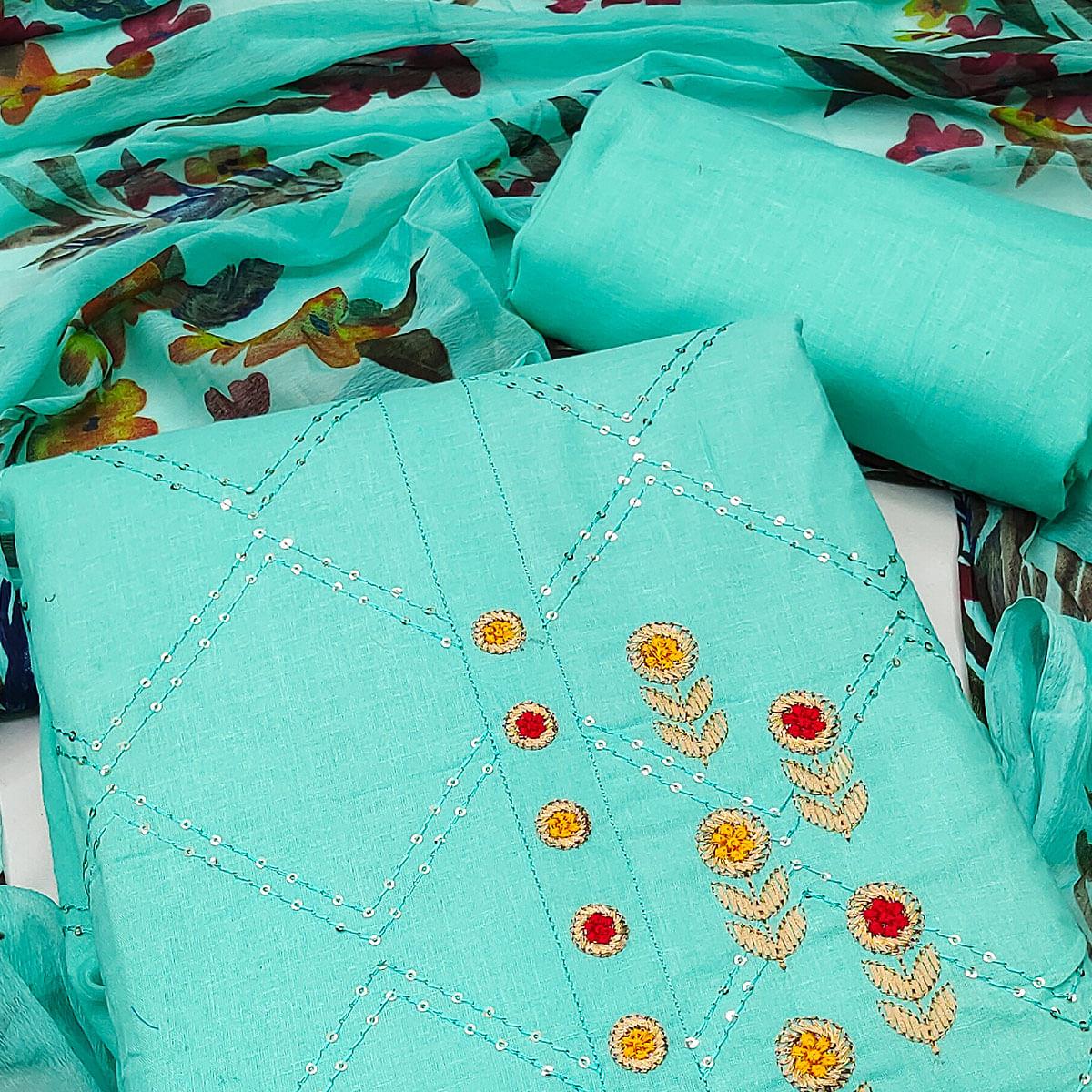 Turquoise Festive Wear Embellished With Embroidered Cotton Dress Material - Peachmode