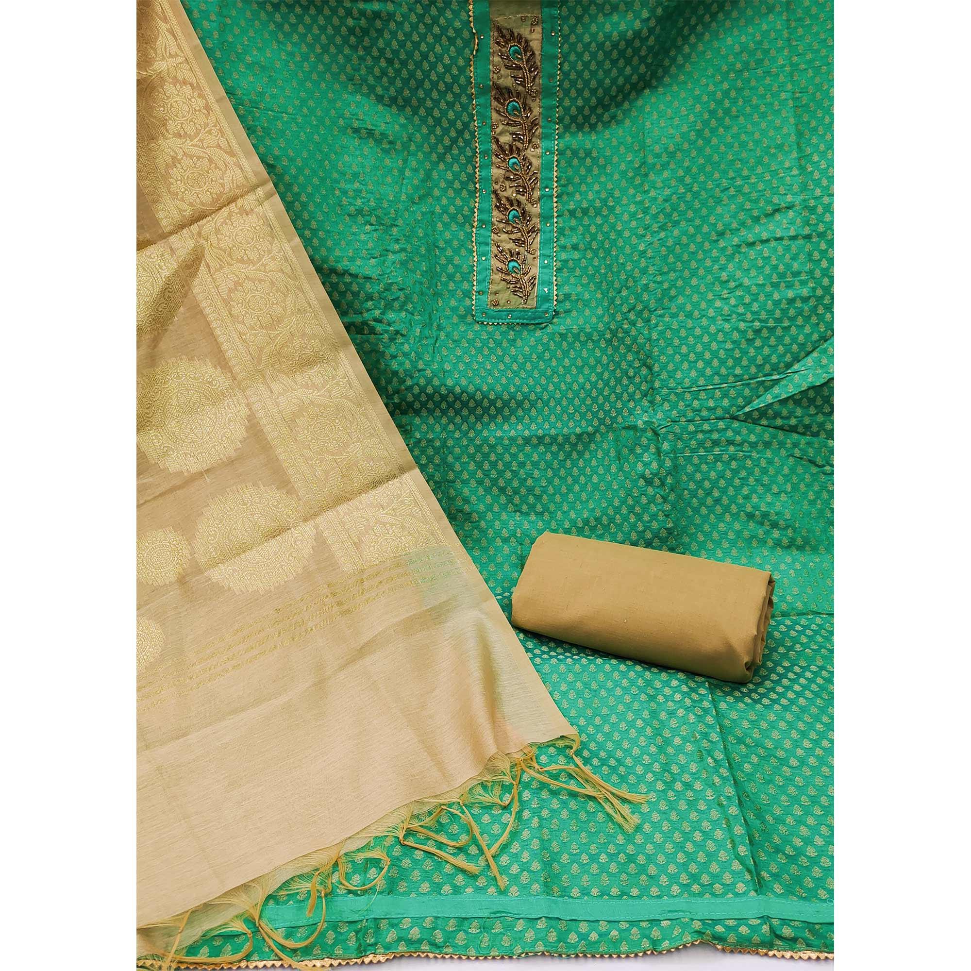 Turquoise Festive Wear Embellished with Woven Chanderi Dress Material - Peachmode