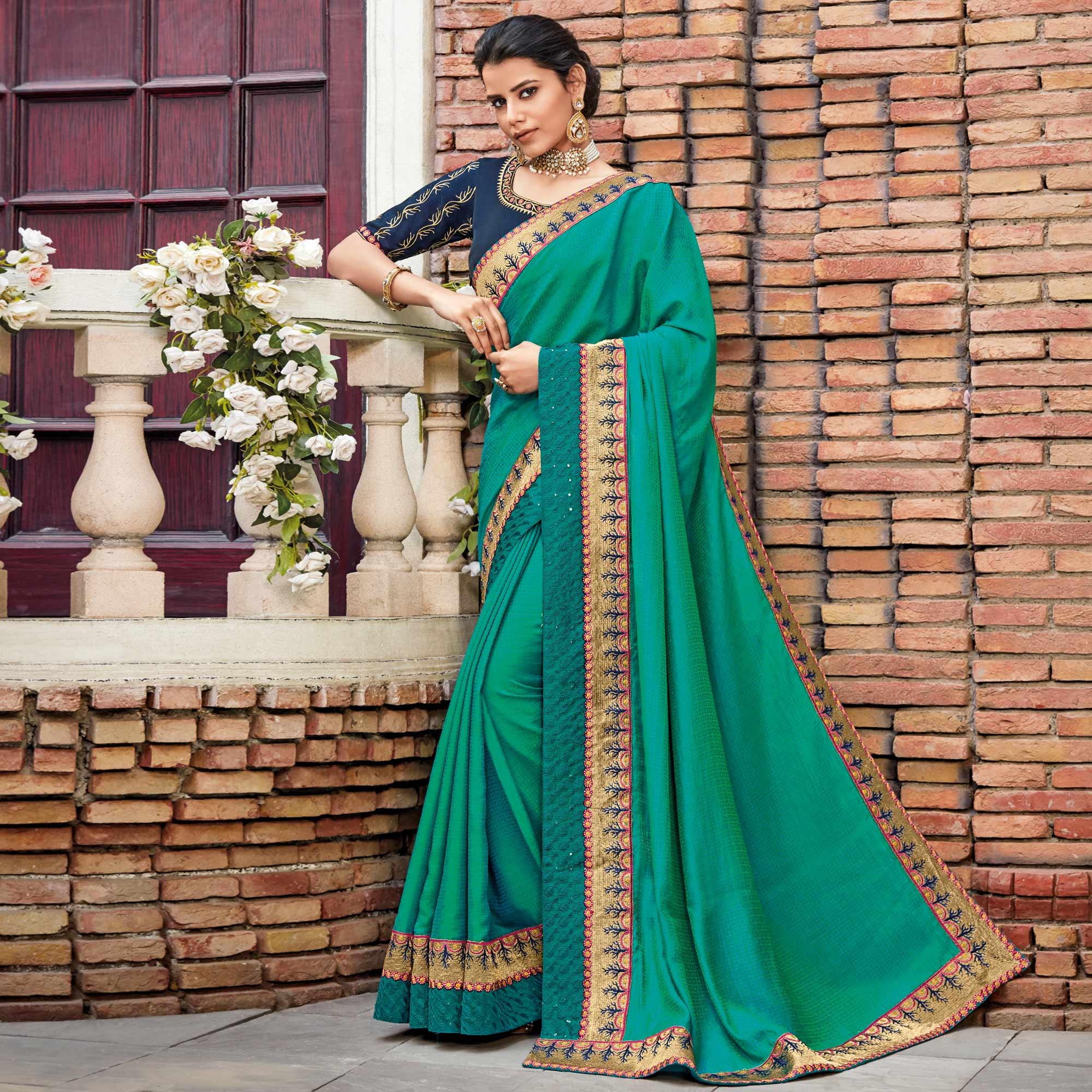 Turquoise Festive Wear Embroidered Art Silk Saree - Peachmode