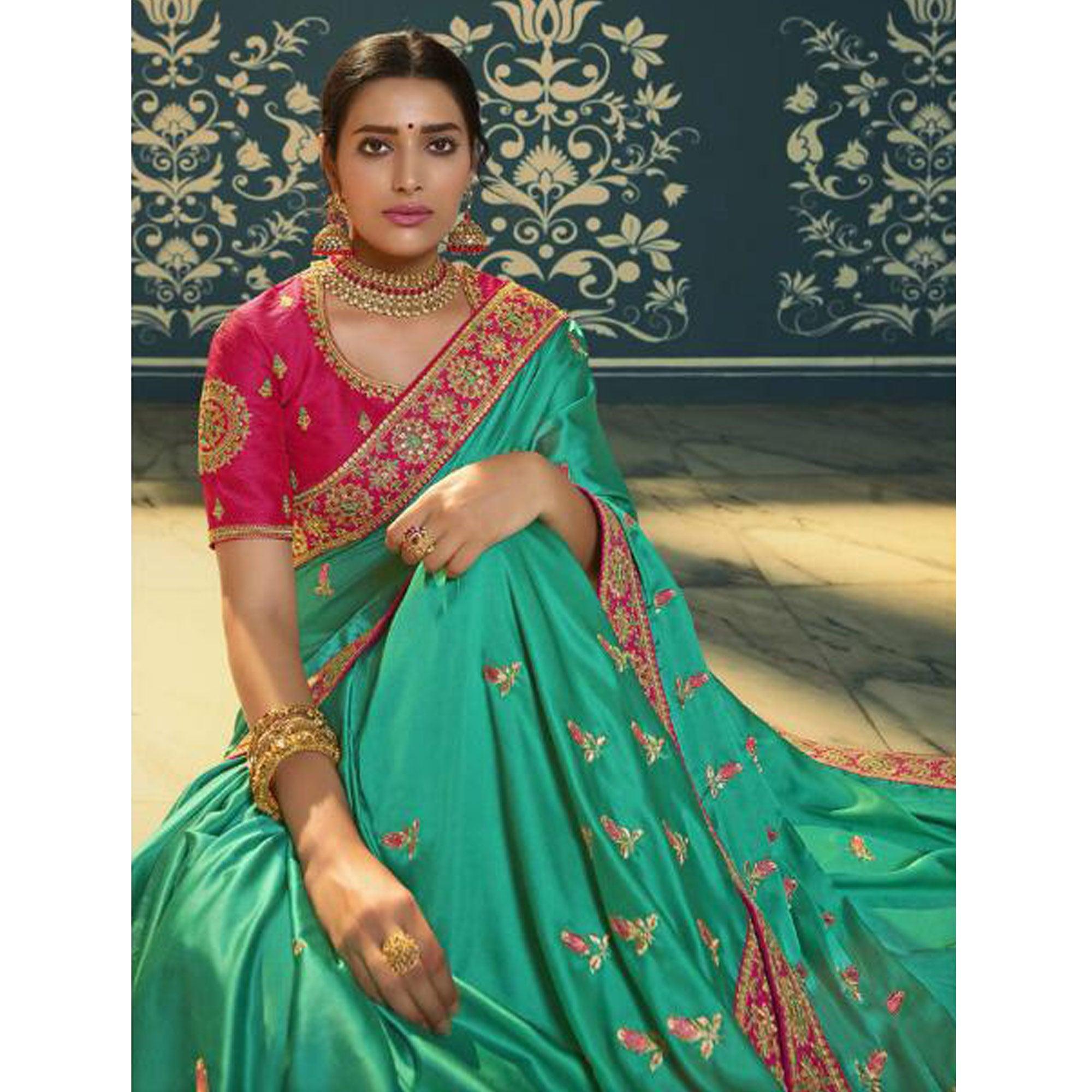 Turquoise Festive Wear Embroidered Silk Saree - Peachmode