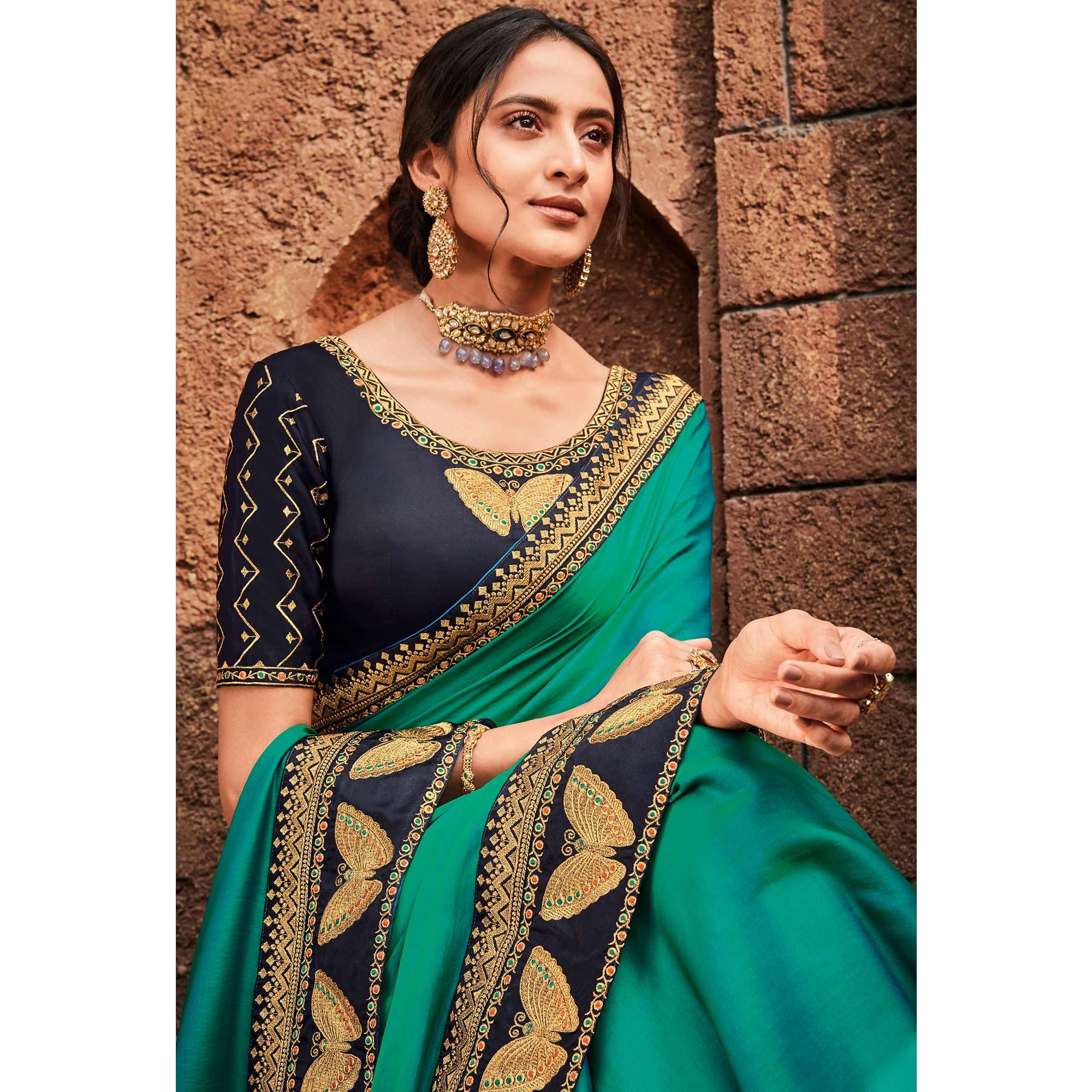 Turquoise Festive Wear Embroidered Silk Saree - Peachmode