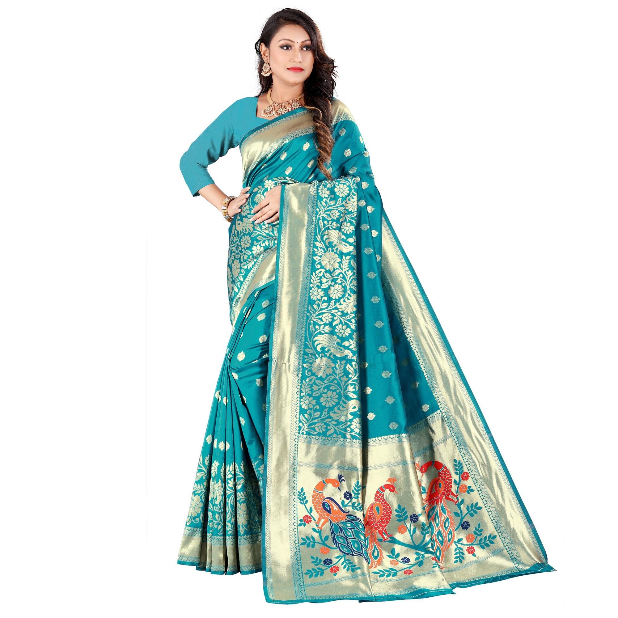 Turquoise Festive Wear Floral Woven Banarasi Silk Saree - Peachmode