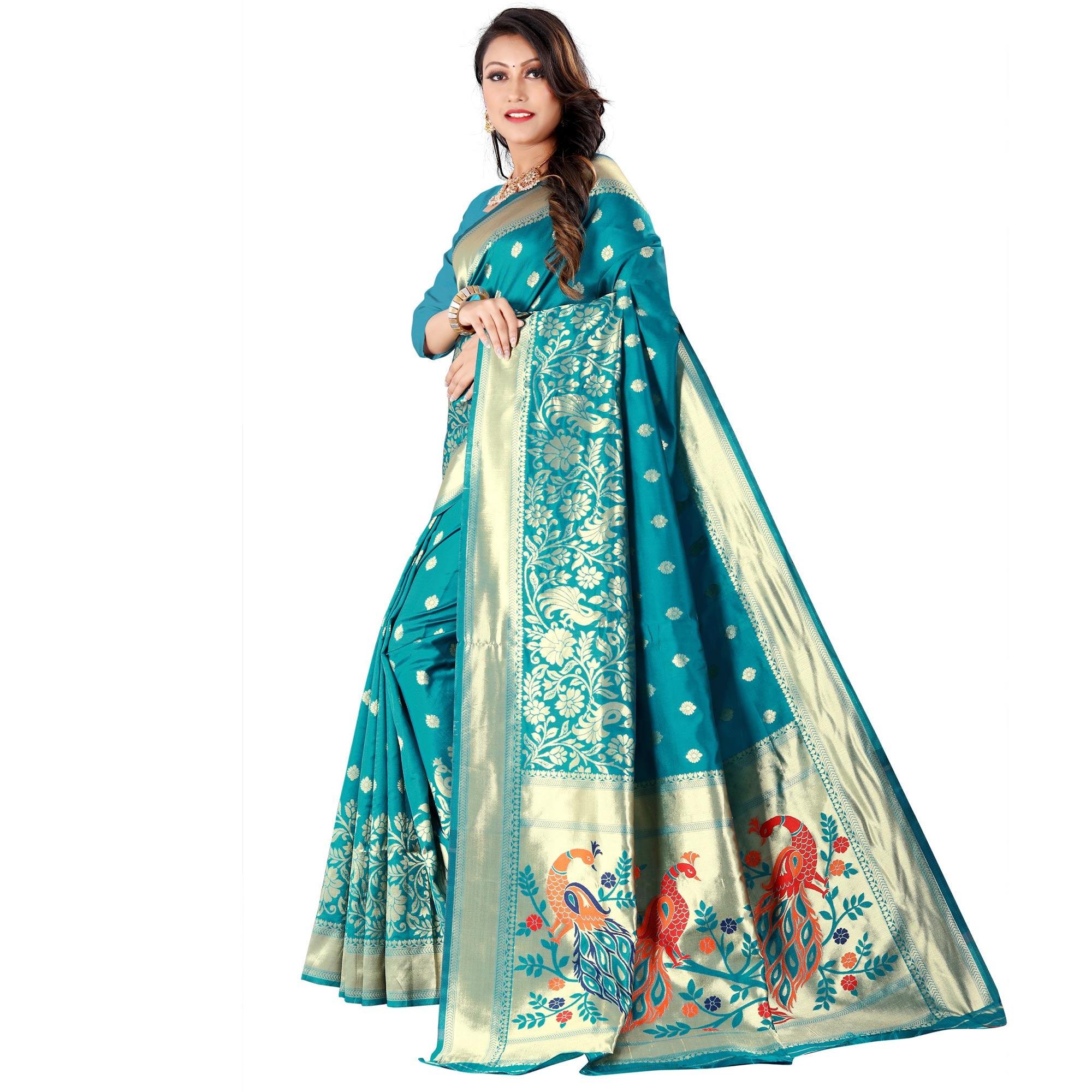 Turquoise Festive Wear Floral Woven Banarasi Silk Saree - Peachmode