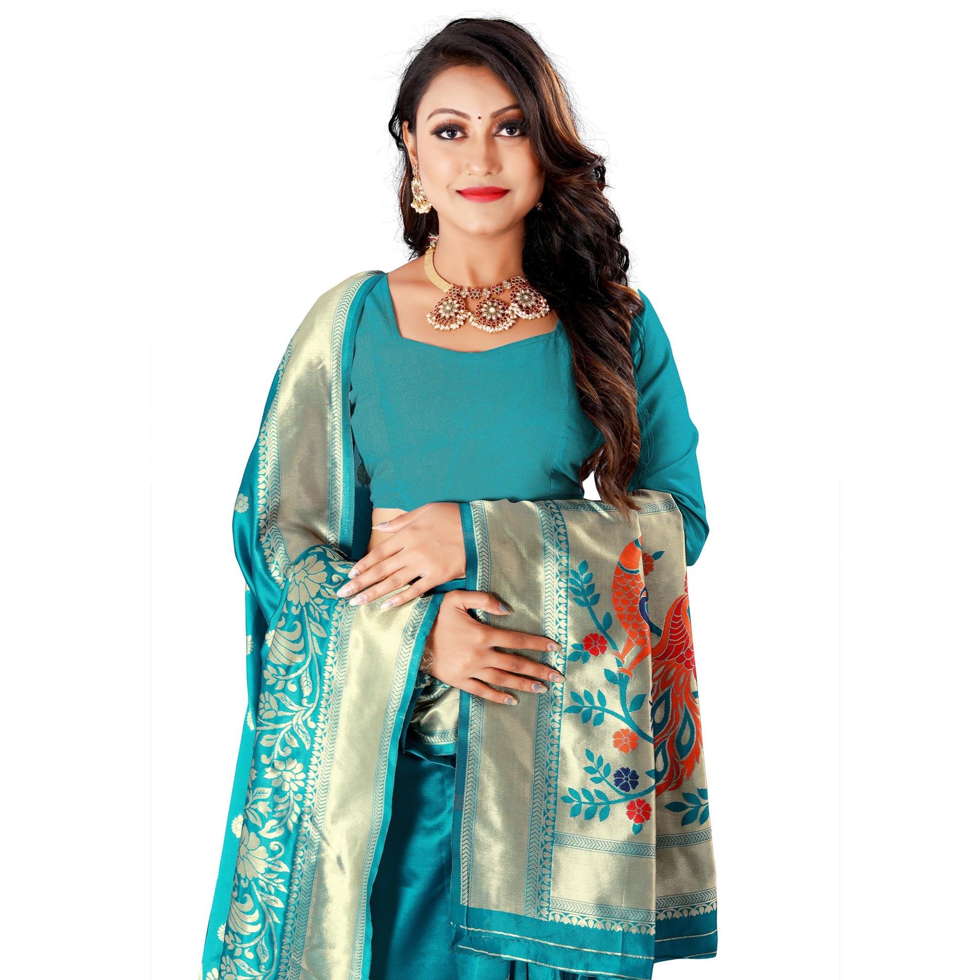 Turquoise Festive Wear Floral Woven Banarasi Silk Saree - Peachmode