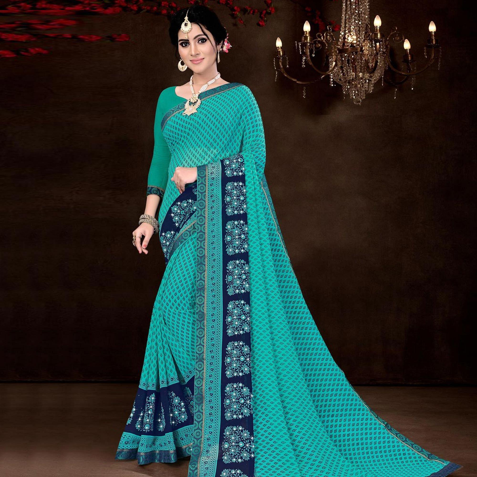 Turquoise Festive Wear Geometric Printed Work Georgette Designer Saree - Peachmode