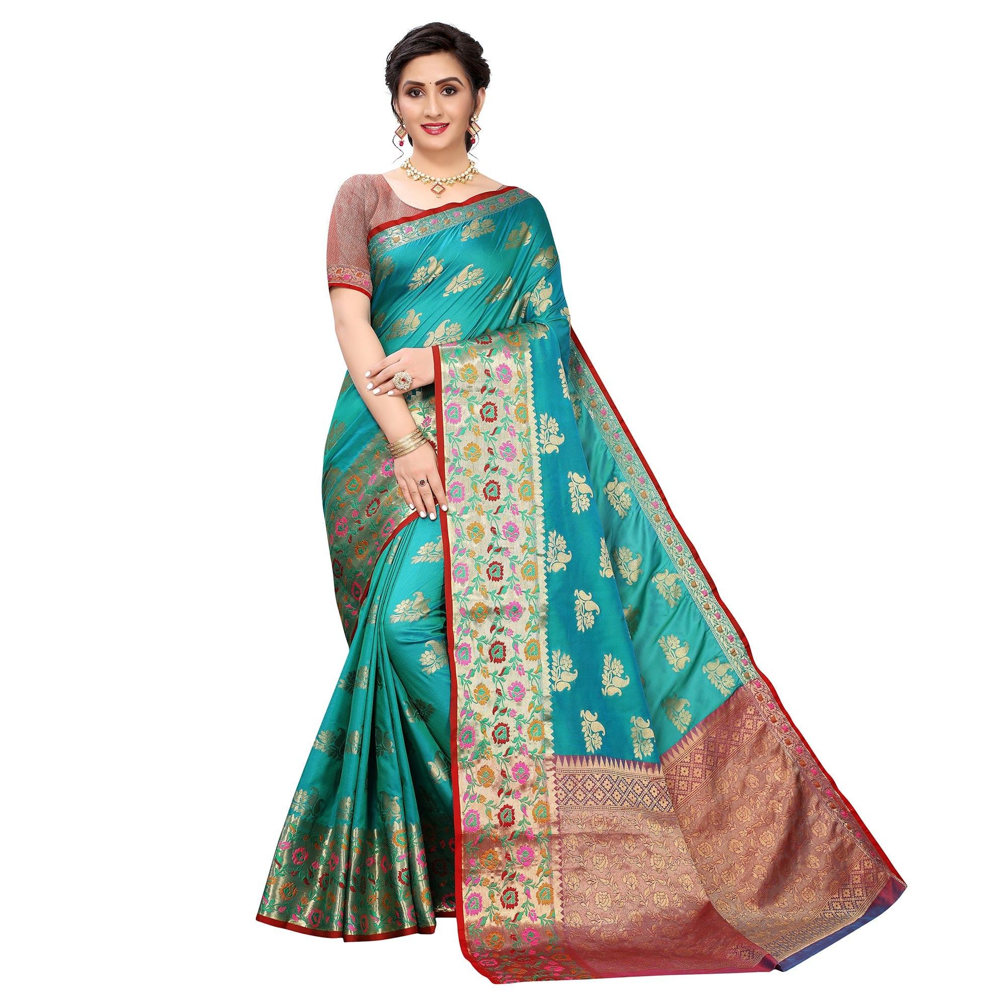 Turquoise Festive Wear Jari Woven Heavy Silk Saree - Peachmode