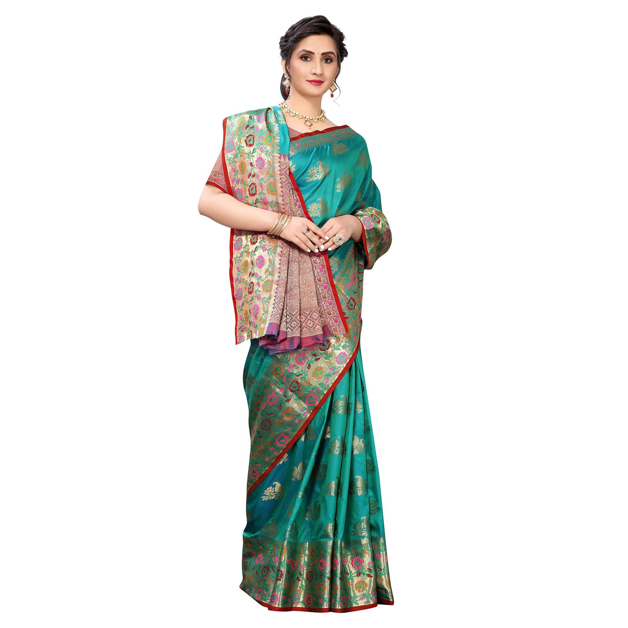 Turquoise Festive Wear Jari Woven Heavy Silk Saree - Peachmode