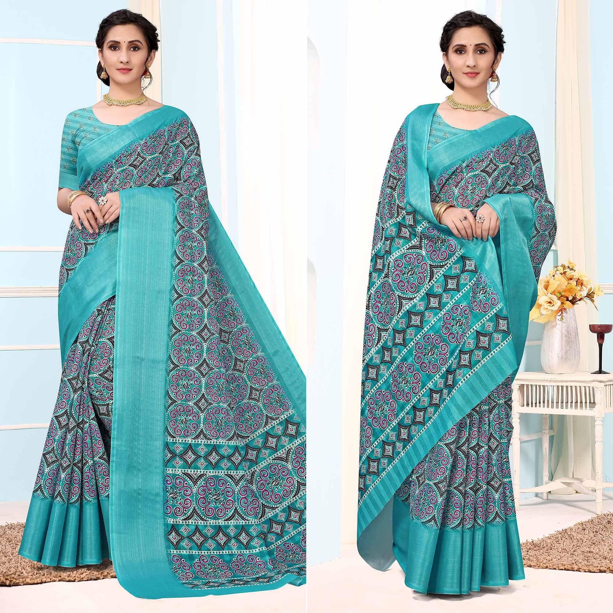 Turquoise Festive Wear Printed Art Silk Saree - Peachmode