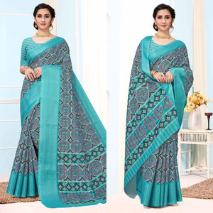 Turquoise Festive Wear Printed Art Silk Saree - Peachmode