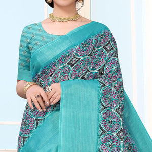 Turquoise Festive Wear Printed Art Silk Saree - Peachmode