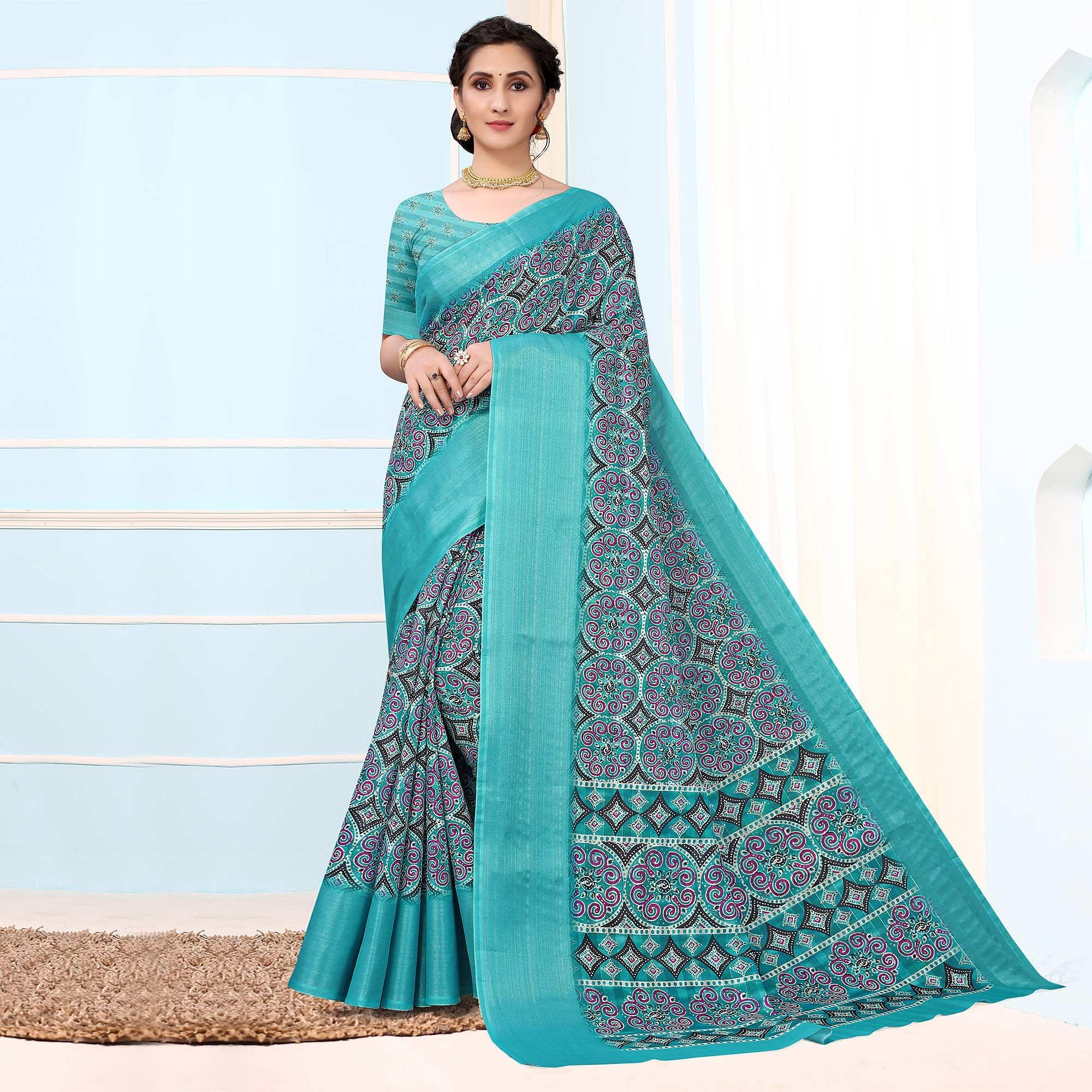 Turquoise Festive Wear Printed Art Silk Saree - Peachmode