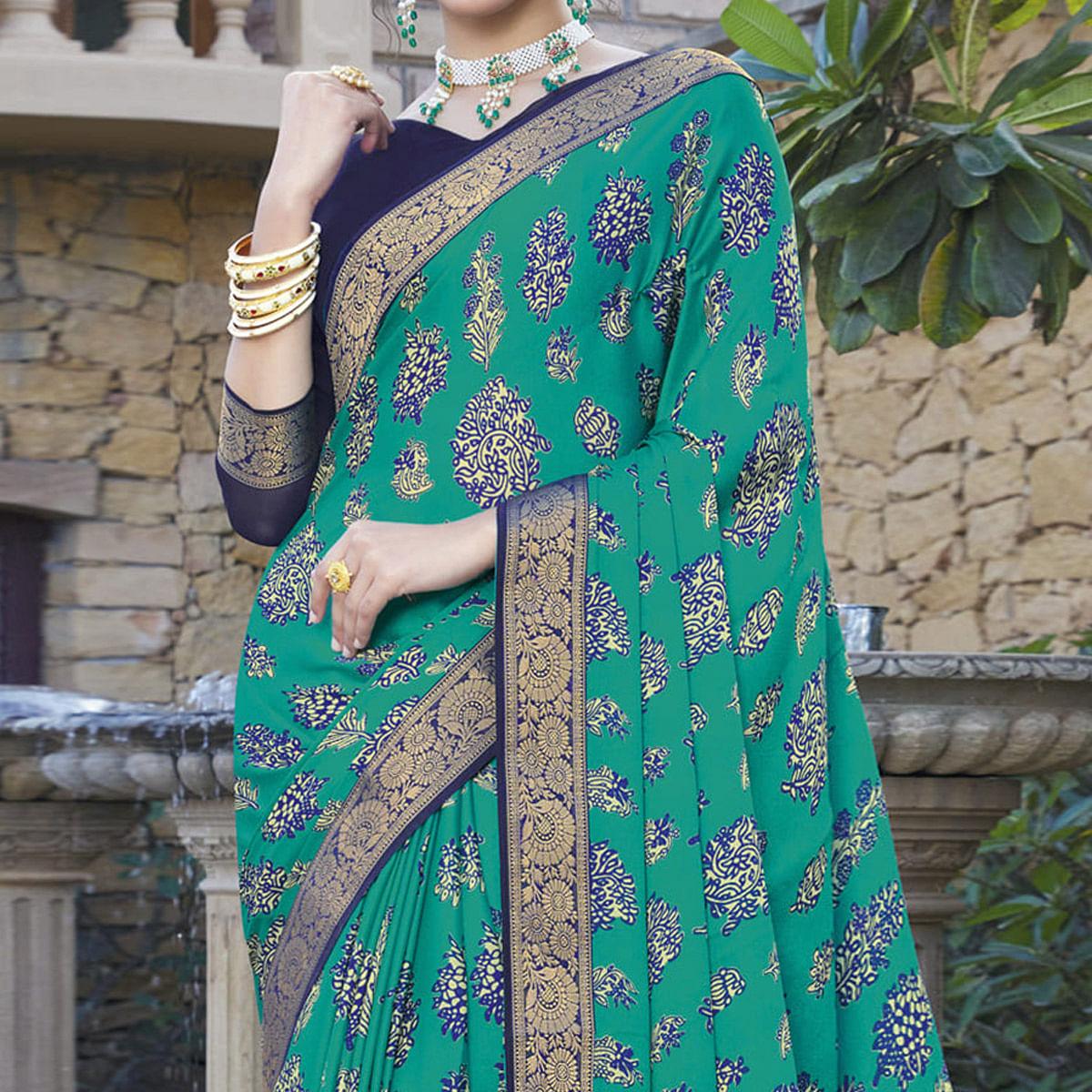 Turquoise Festive Wear Printed Chiffon Saree - Peachmode
