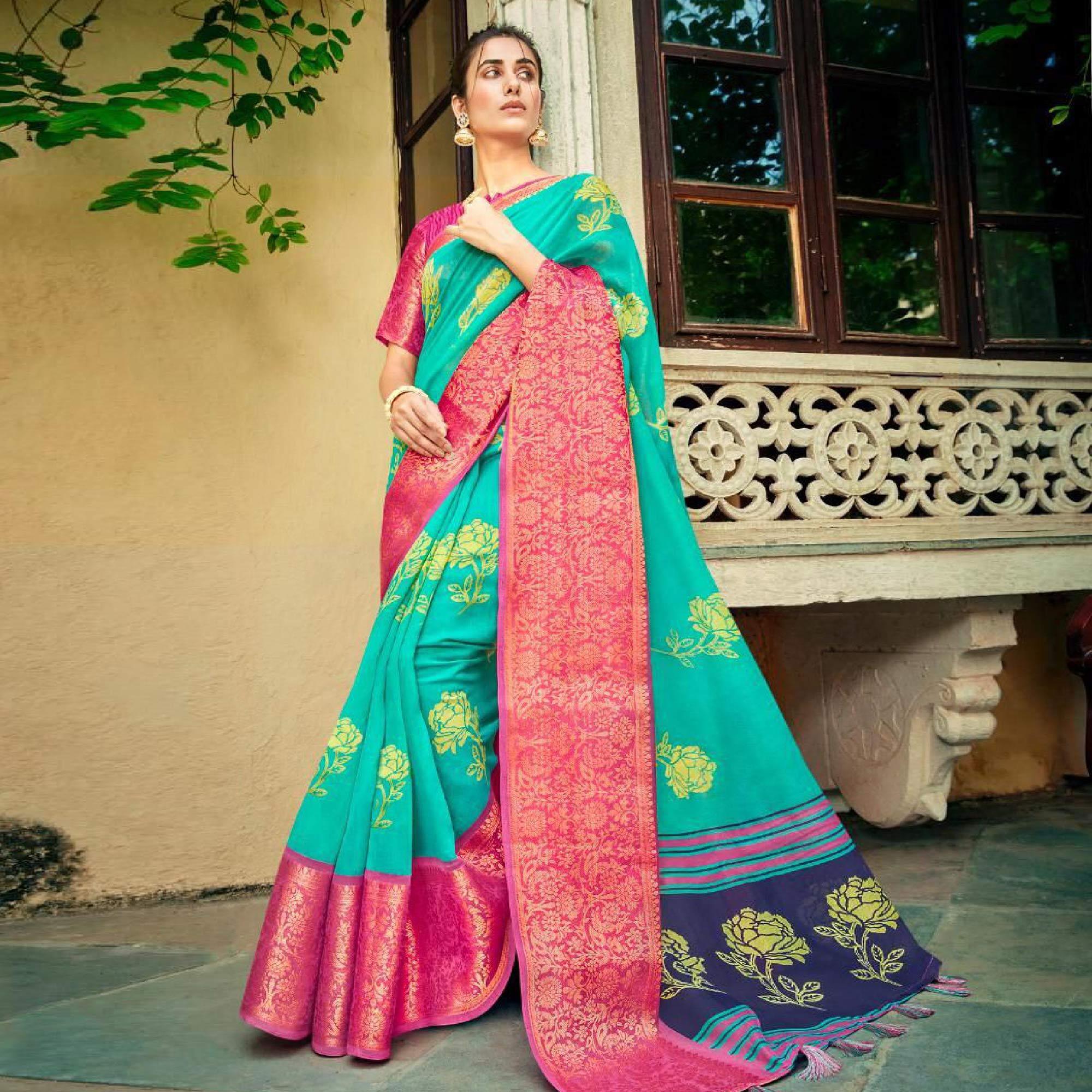 Turquoise Festive Wear Printed Cotton Silk Saree With Woven Border - Peachmode