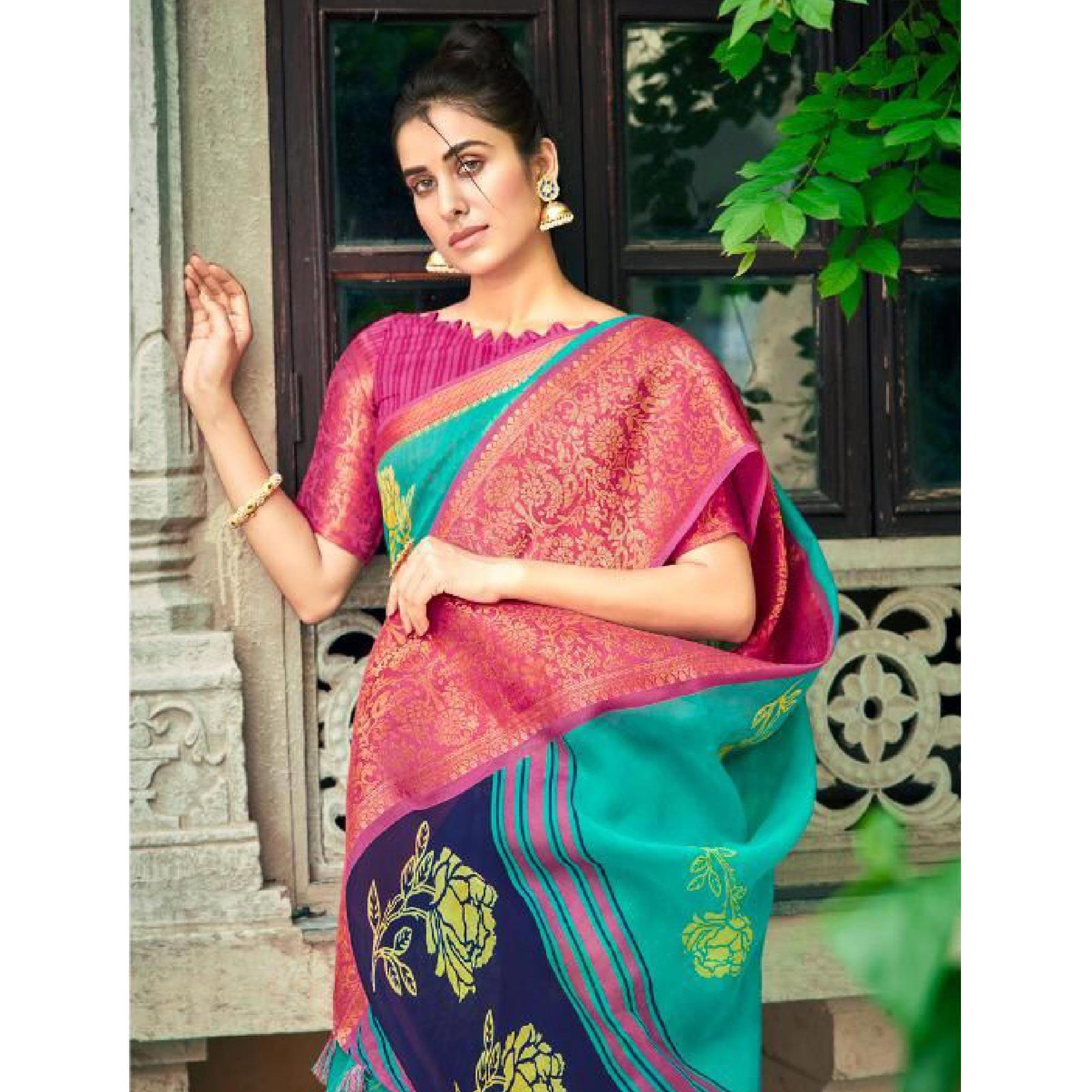 Turquoise Festive Wear Printed Cotton Silk Saree With Woven Border - Peachmode