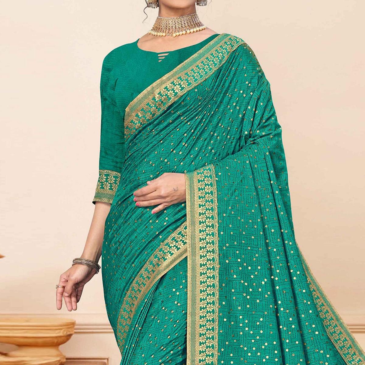 Turquoise Festive Wear Sequence Embroidered Vichitra Silk Saree - Peachmode