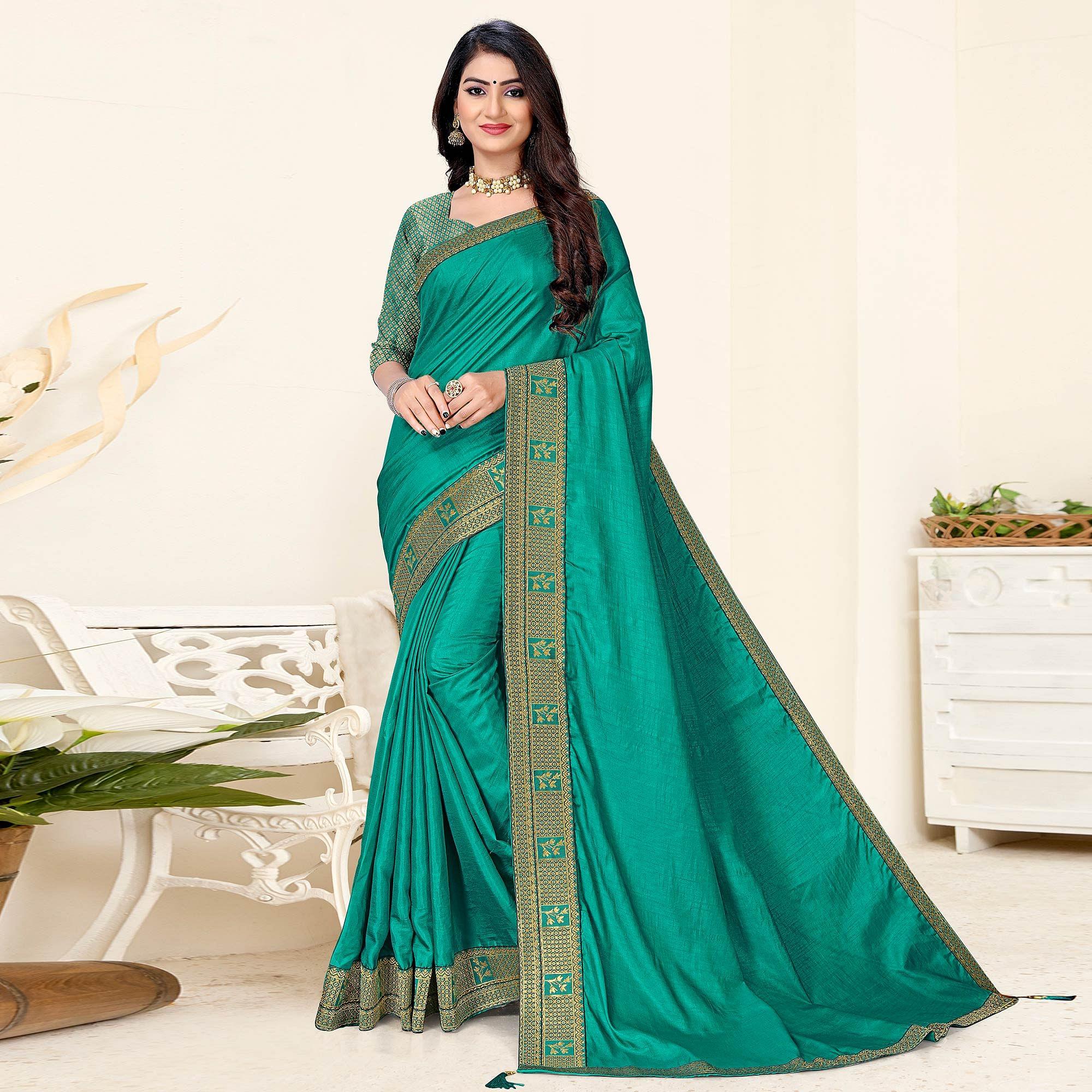 Turquoise Festive Wear Solid Art Silk Saree - Peachmode