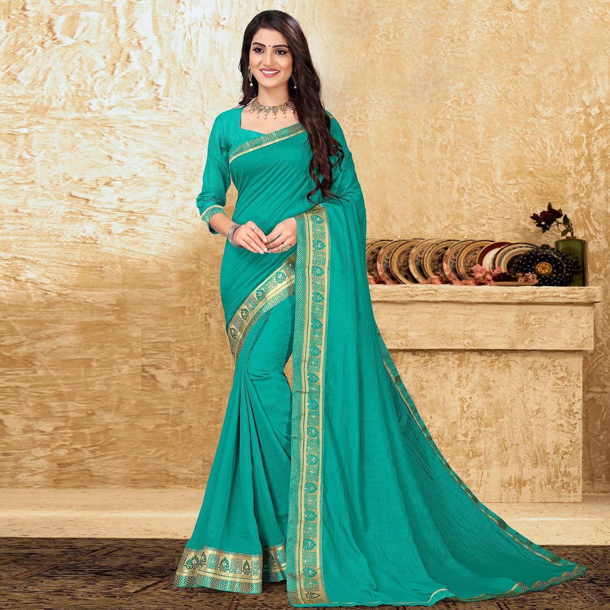 Turquoise Festive Wear Solid Vichitra Silk Saree - Peachmode