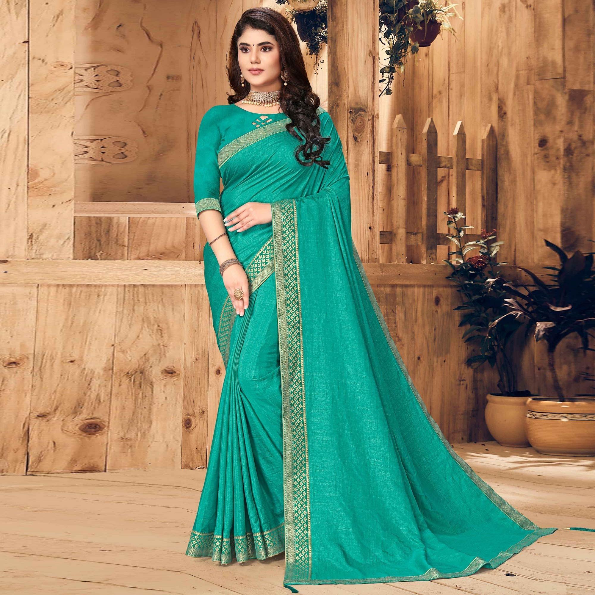 Turquoise Festive Wear Solid Vichitra Silk Saree - Peachmode