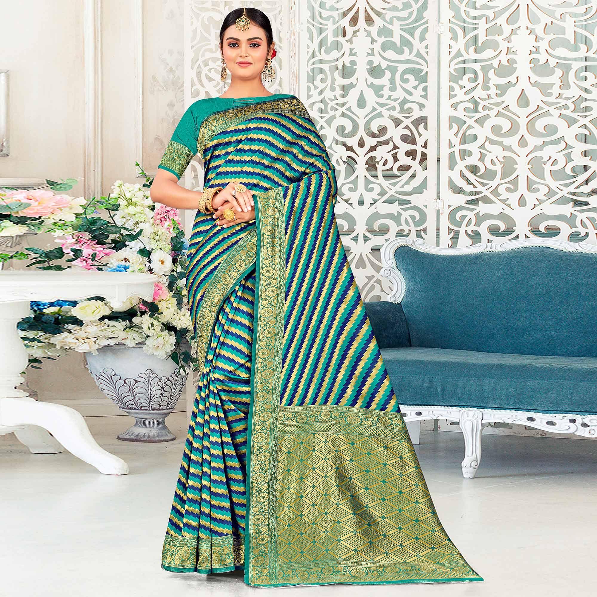 Turquoise Festive Wear Stripe Printed Art Silk Saree - Peachmode