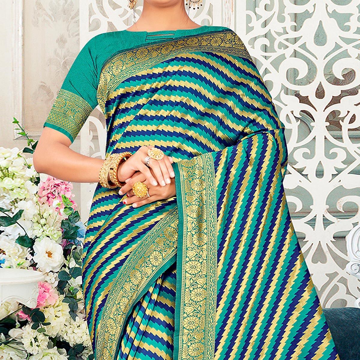 Turquoise Festive Wear Stripe Printed Art Silk Saree - Peachmode