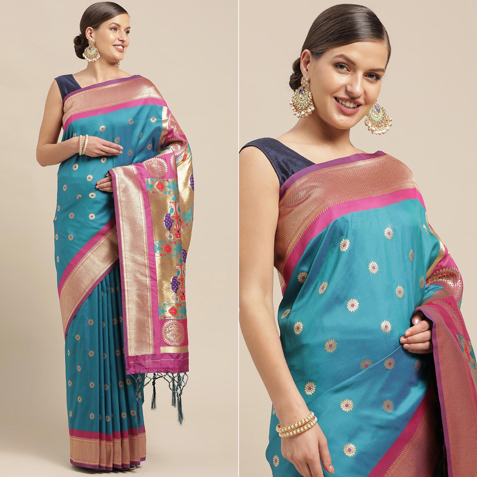 Turquoise Festive Wear Weaving Banarasi Silk Saree - Peachmode