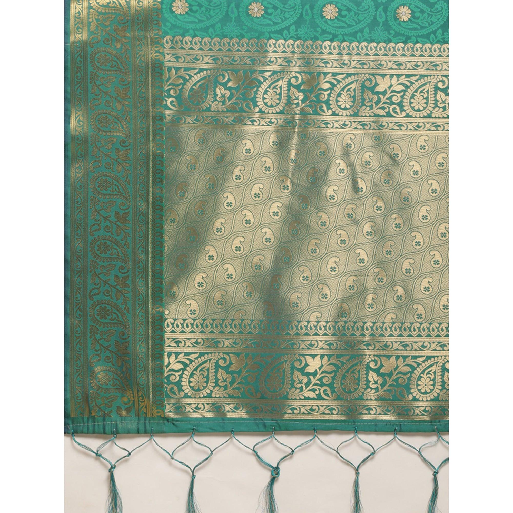Turquoise Festive Wear Weaving Banarasi Silk Saree - Peachmode