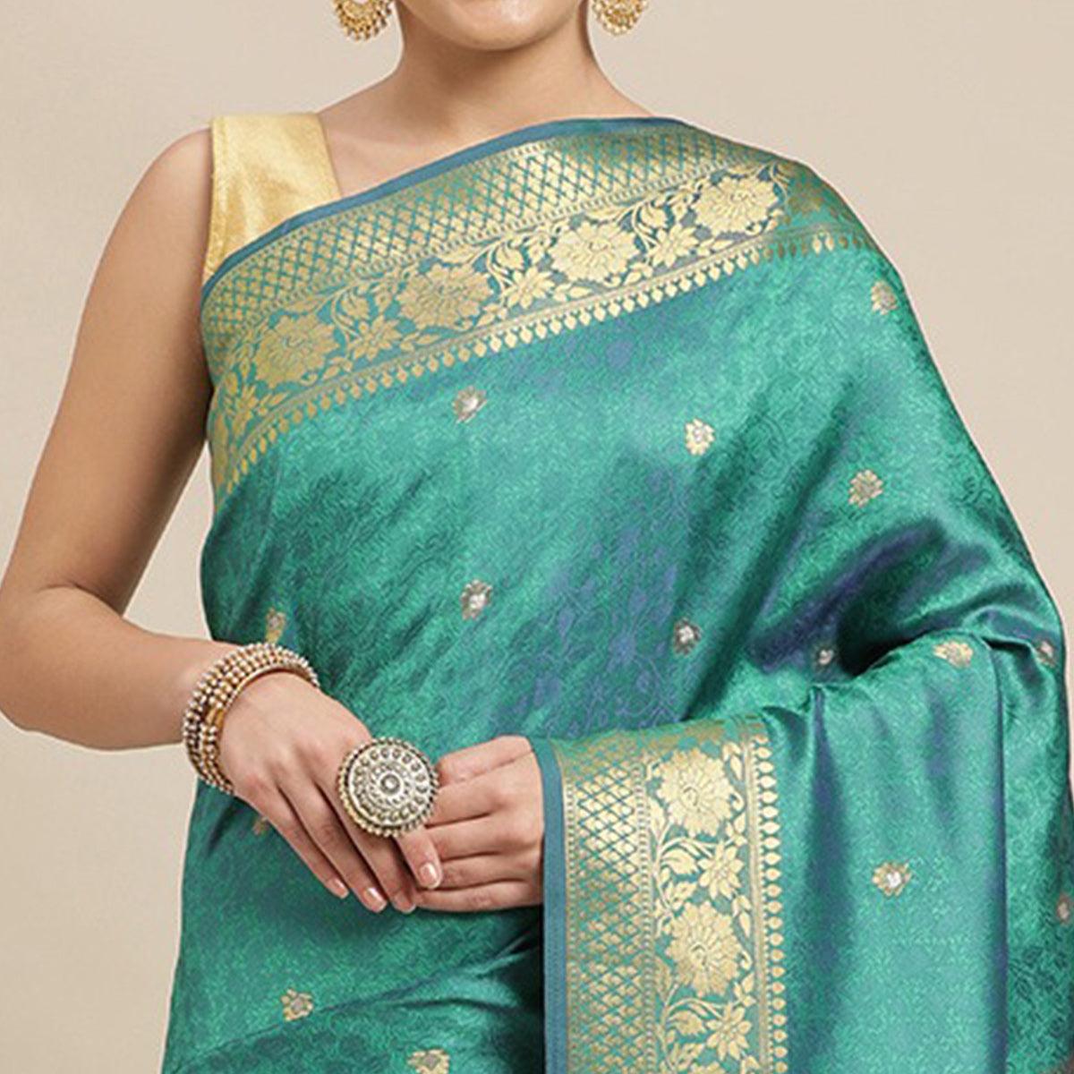 Turquoise Festive Wear Weaving Banarasi Silk Saree - Peachmode