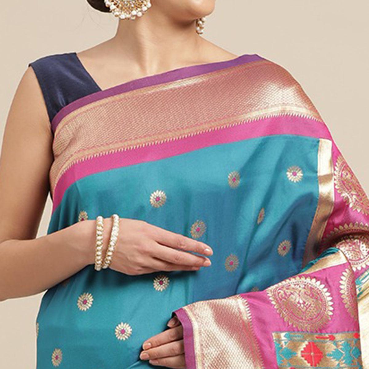 Turquoise Festive Wear Weaving Banarasi Silk Saree - Peachmode