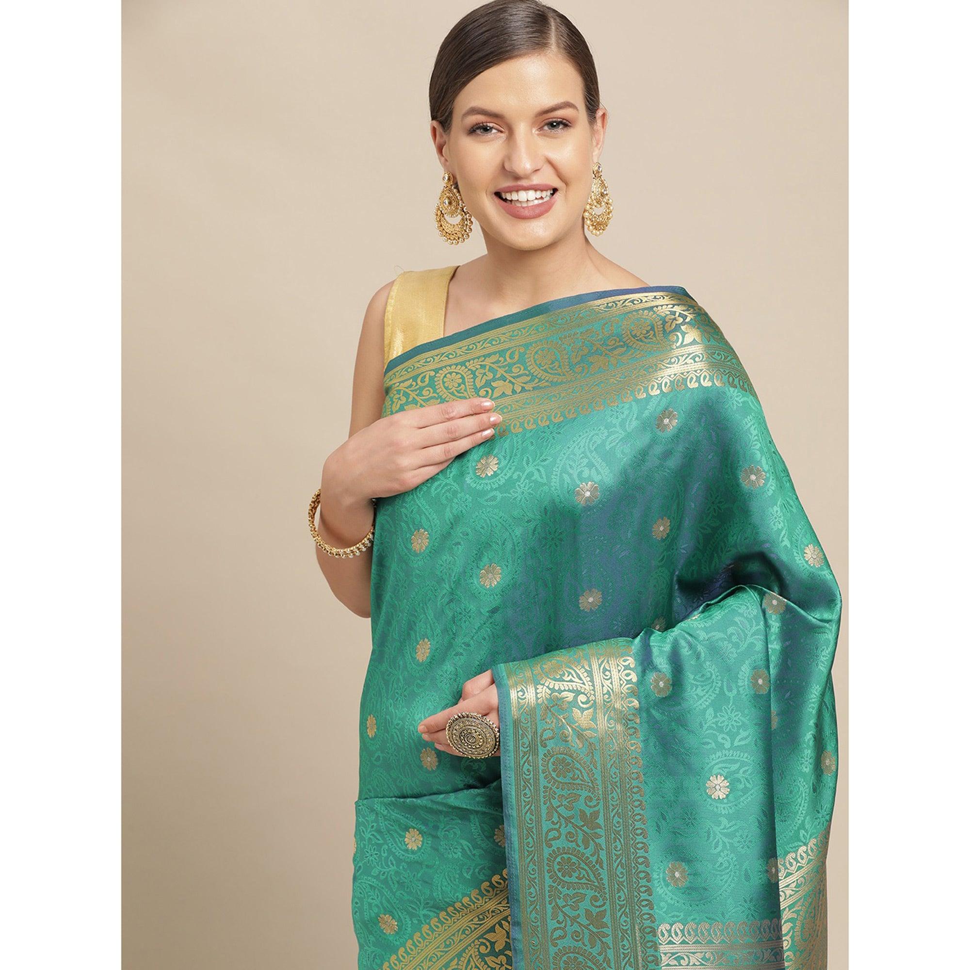 Turquoise Festive Wear Weaving Banarasi Silk Saree - Peachmode
