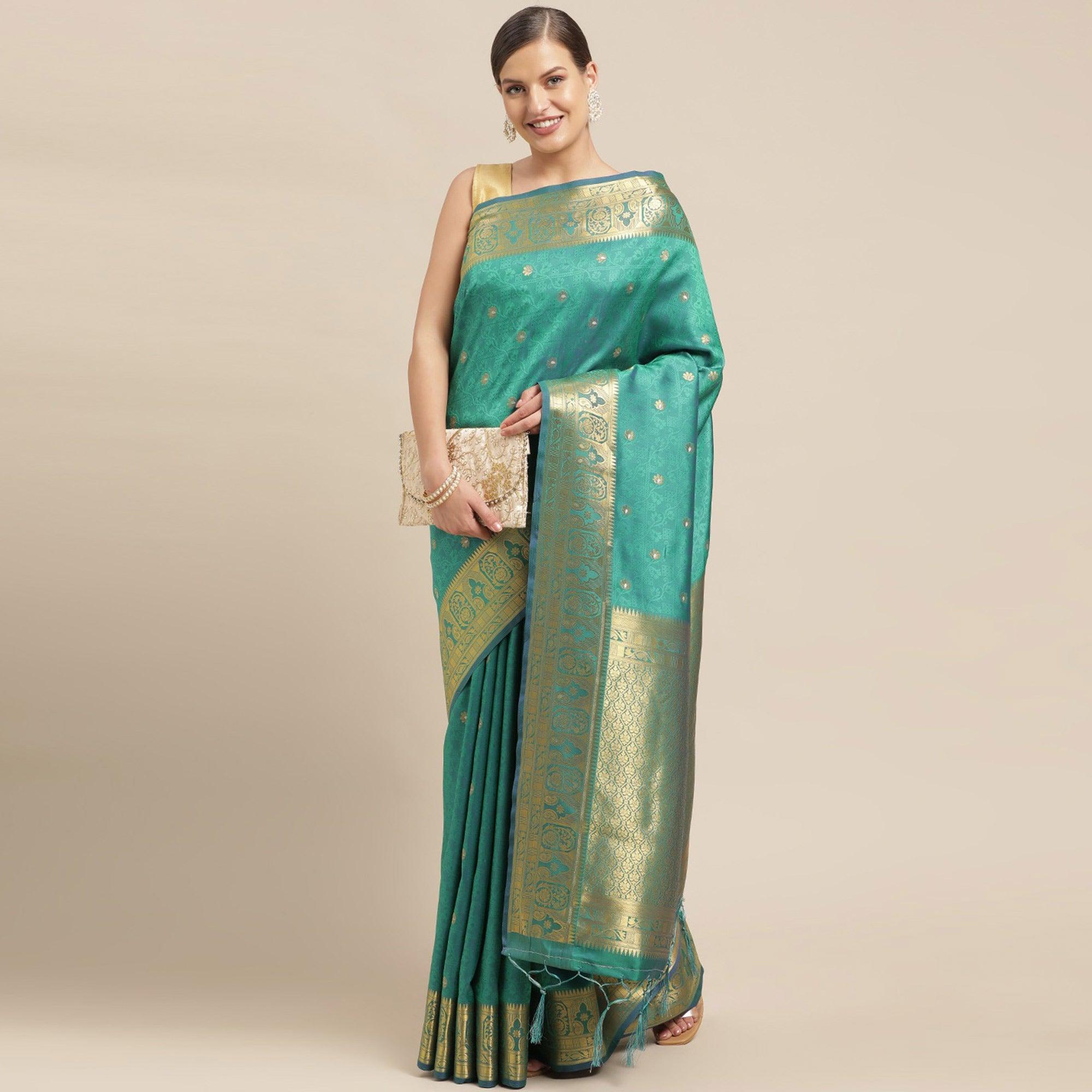 Turquoise Festive Wear Weaving Banarasi Silk Saree - Peachmode