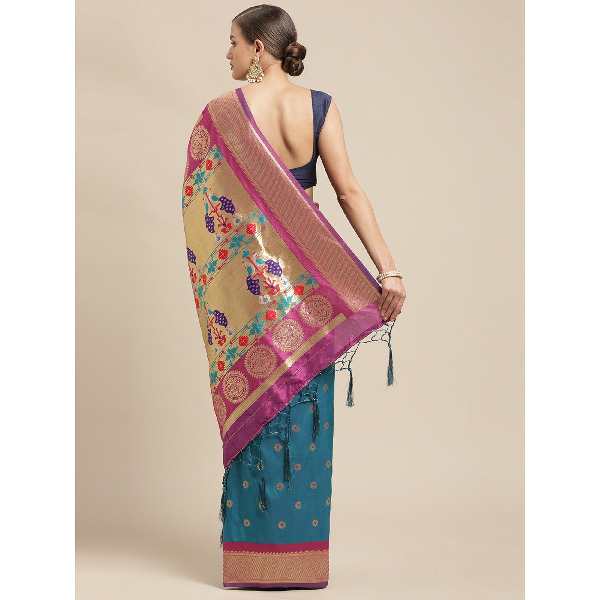 Turquoise Festive Wear Weaving Banarasi Silk Saree - Peachmode