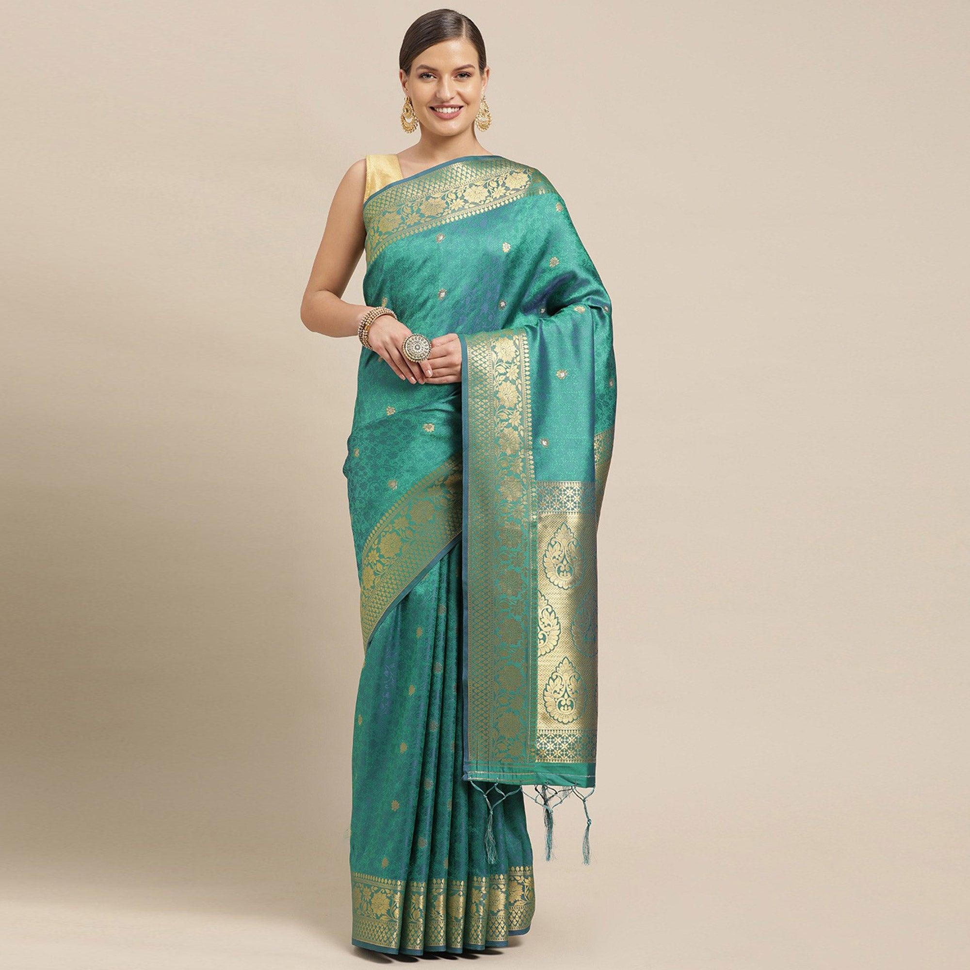 Turquoise Festive Wear Weaving Banarasi Silk Saree - Peachmode
