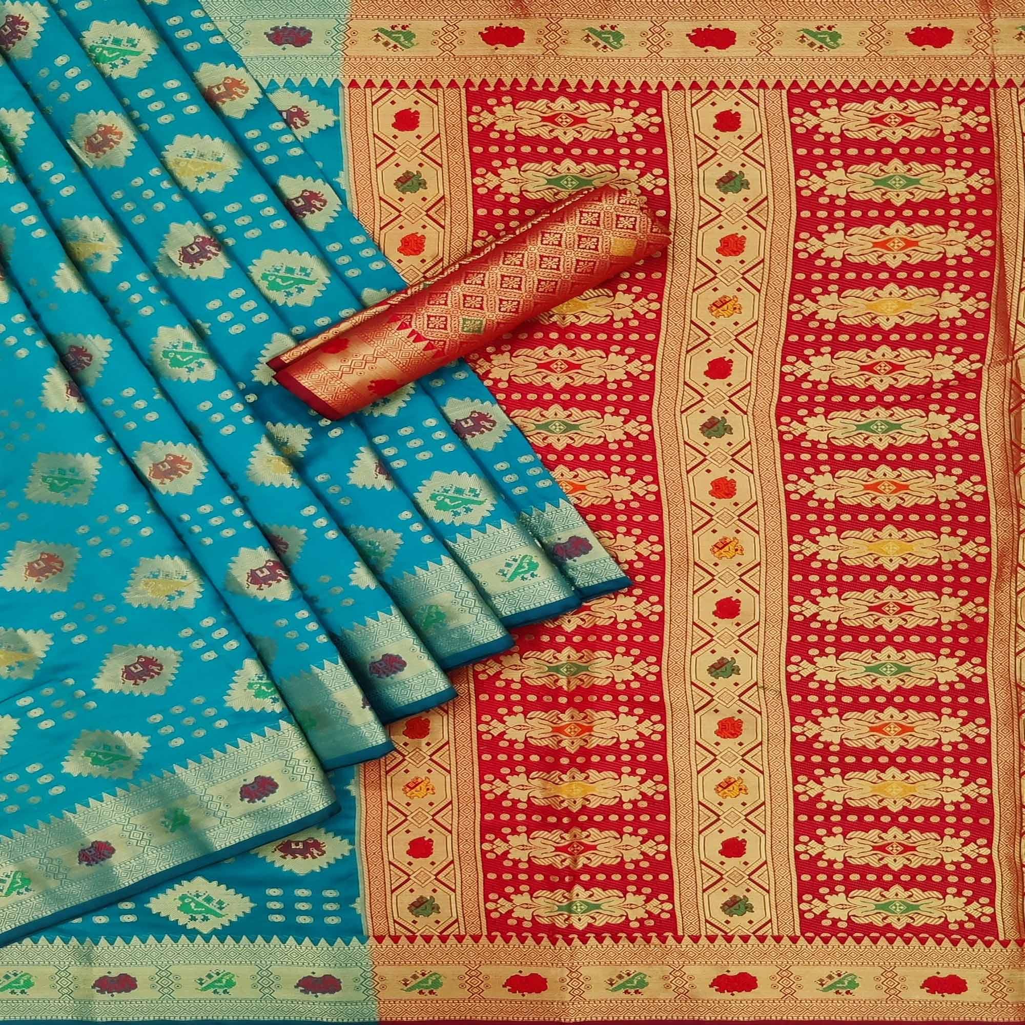 Turquoise Festive Wear Weaving Silk Saree - Peachmode