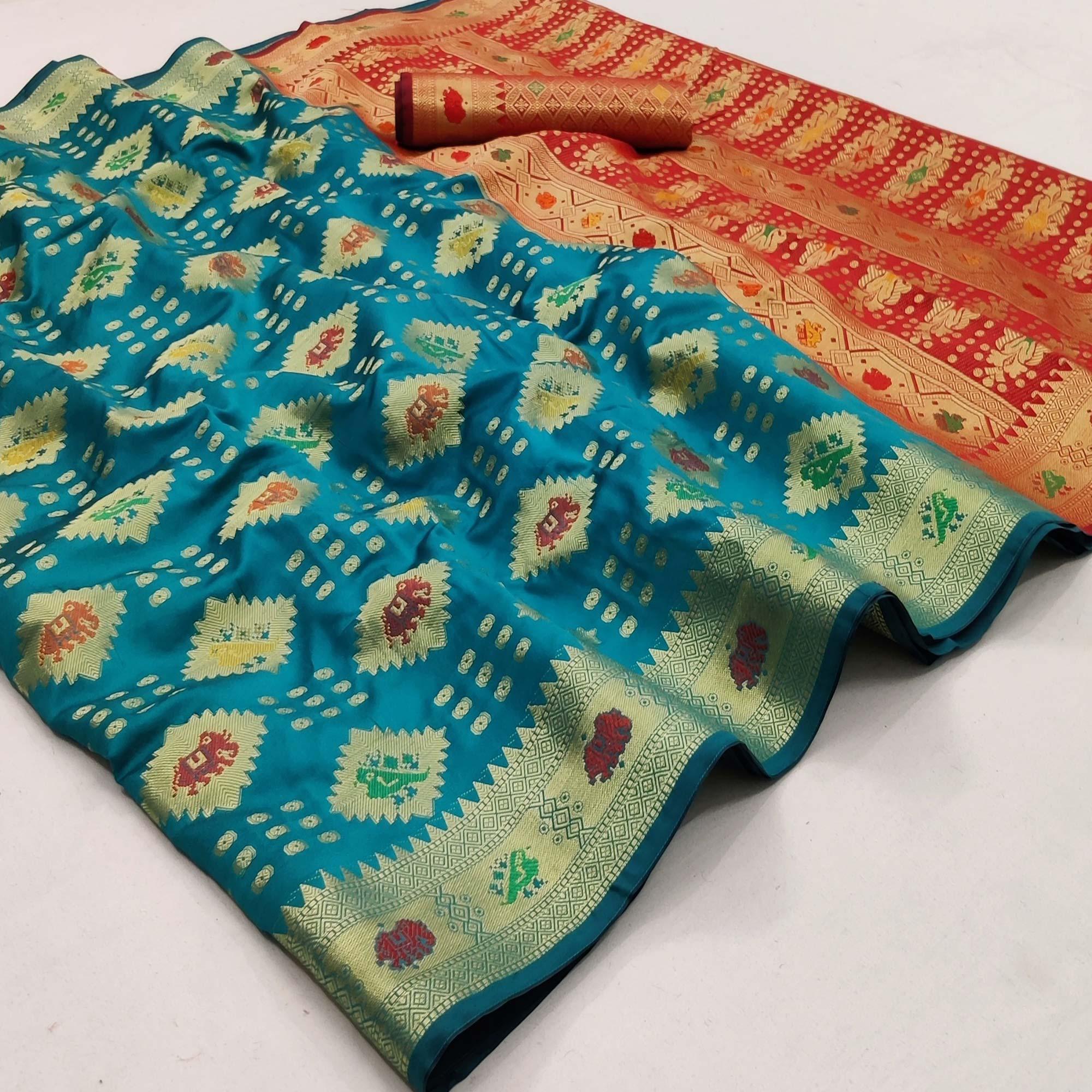 Turquoise Festive Wear Weaving Silk Saree - Peachmode
