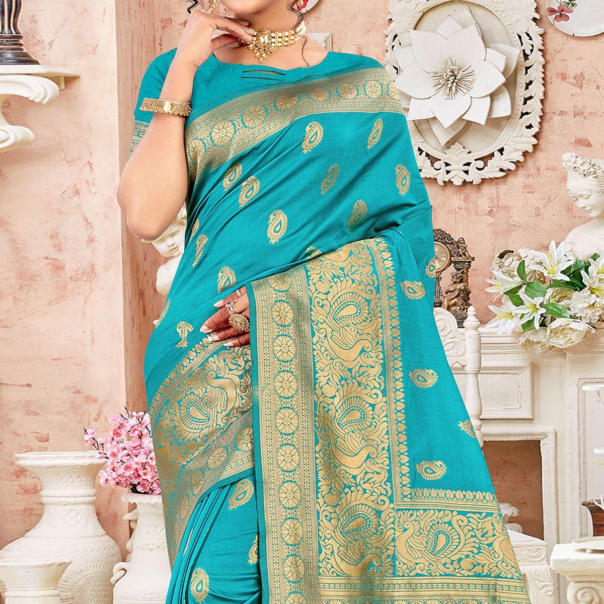 Turquoise Festive Wear Woven Art Silk Sare - Peachmode