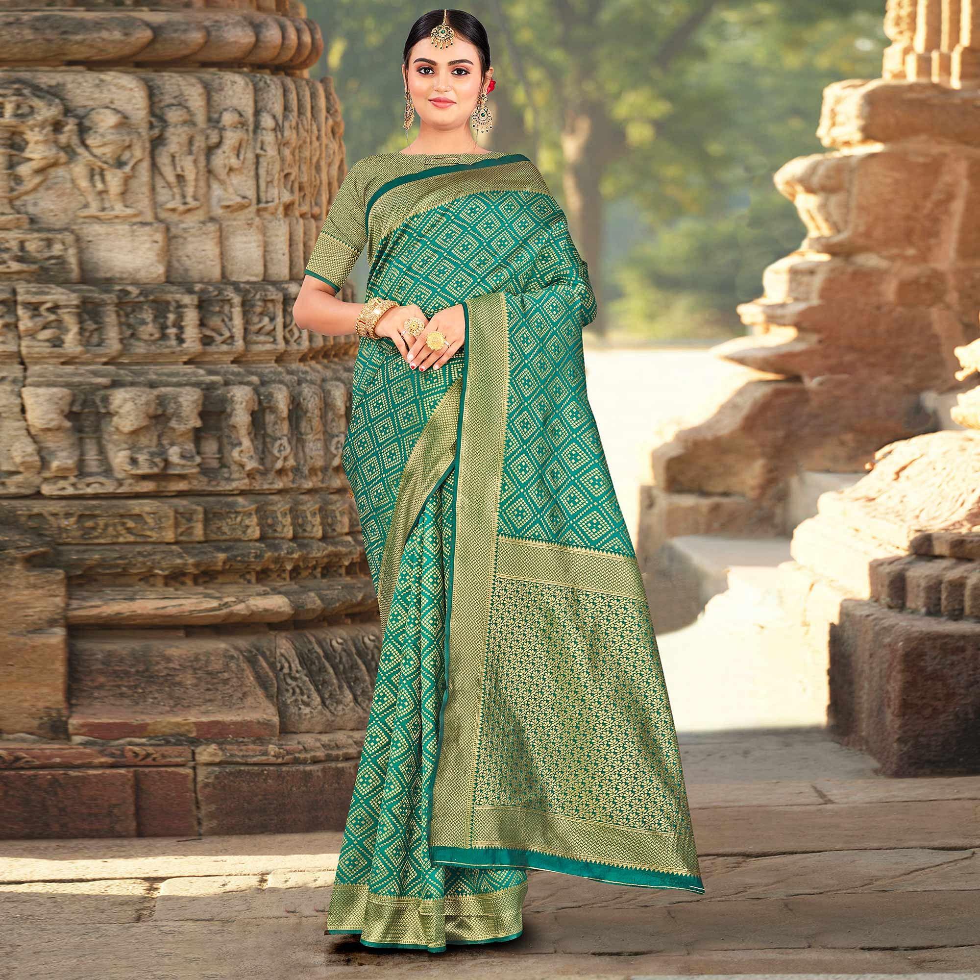 Turquoise Festive Wear Woven Art Silk Saree - Peachmode