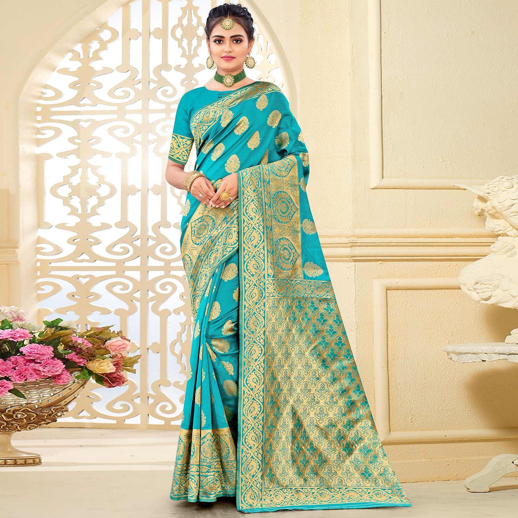Turquoise Festive Wear Woven Art Silk Saree - Peachmode