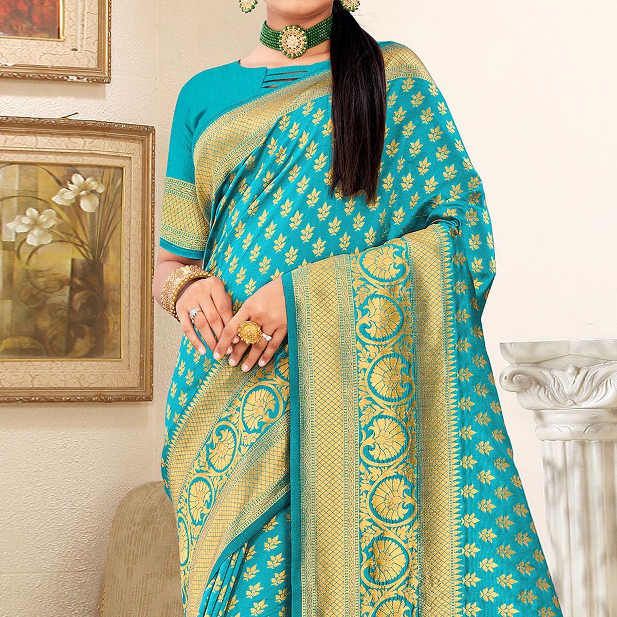 Turquoise Festive Wear Woven Art Silk Saree - Peachmode