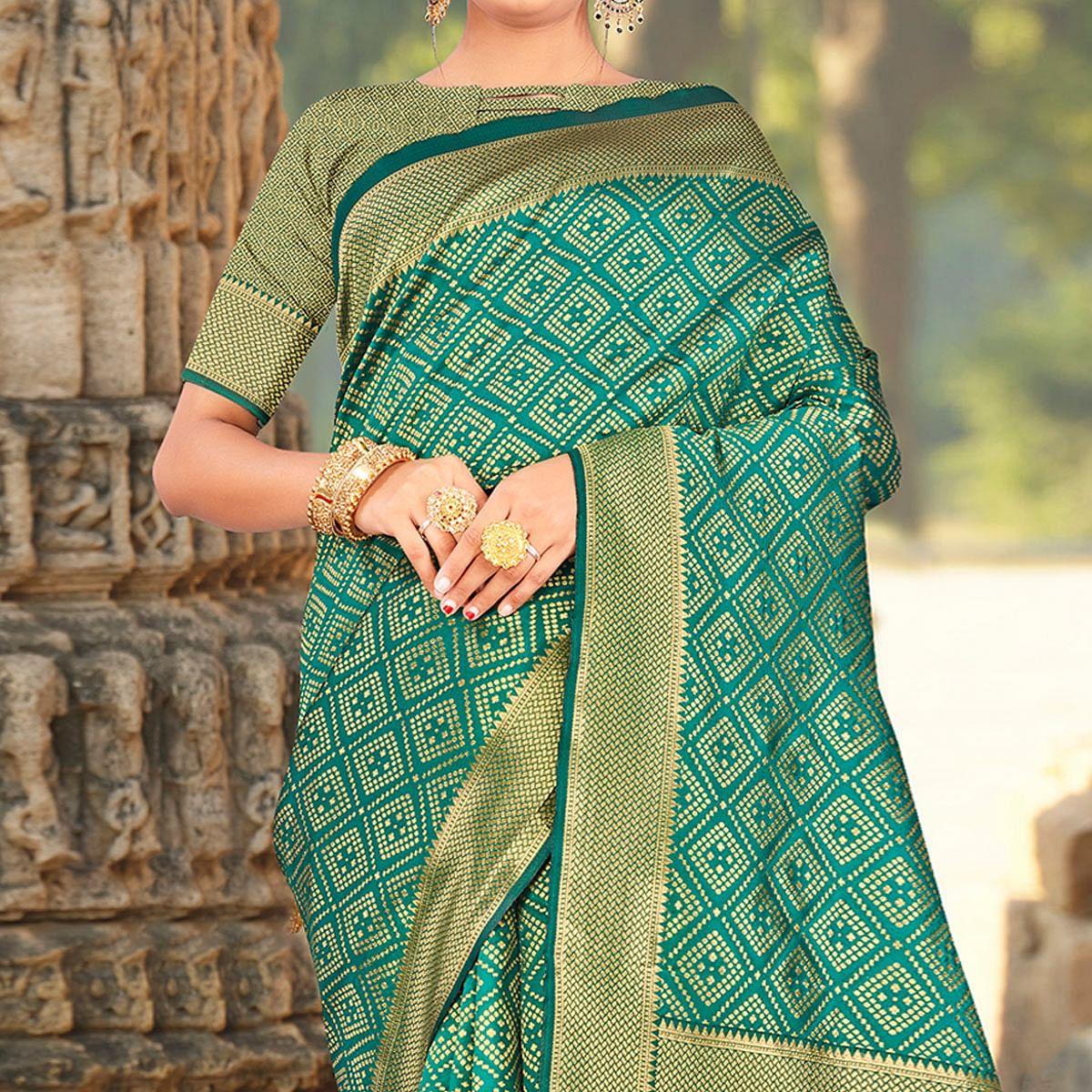 Turquoise Festive Wear Woven Art Silk Saree - Peachmode