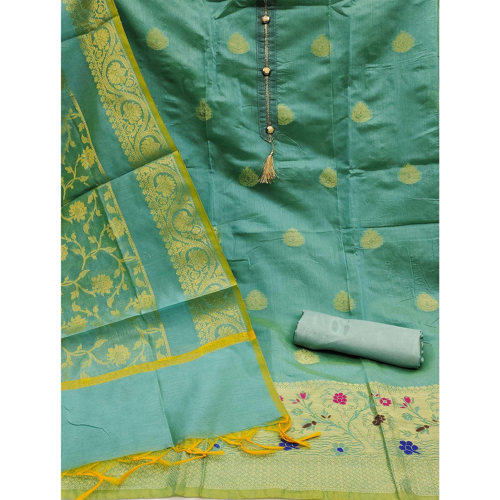 Turquoise Festive Wear Woven Banarasi Jacquard Dress Material - Peachmode