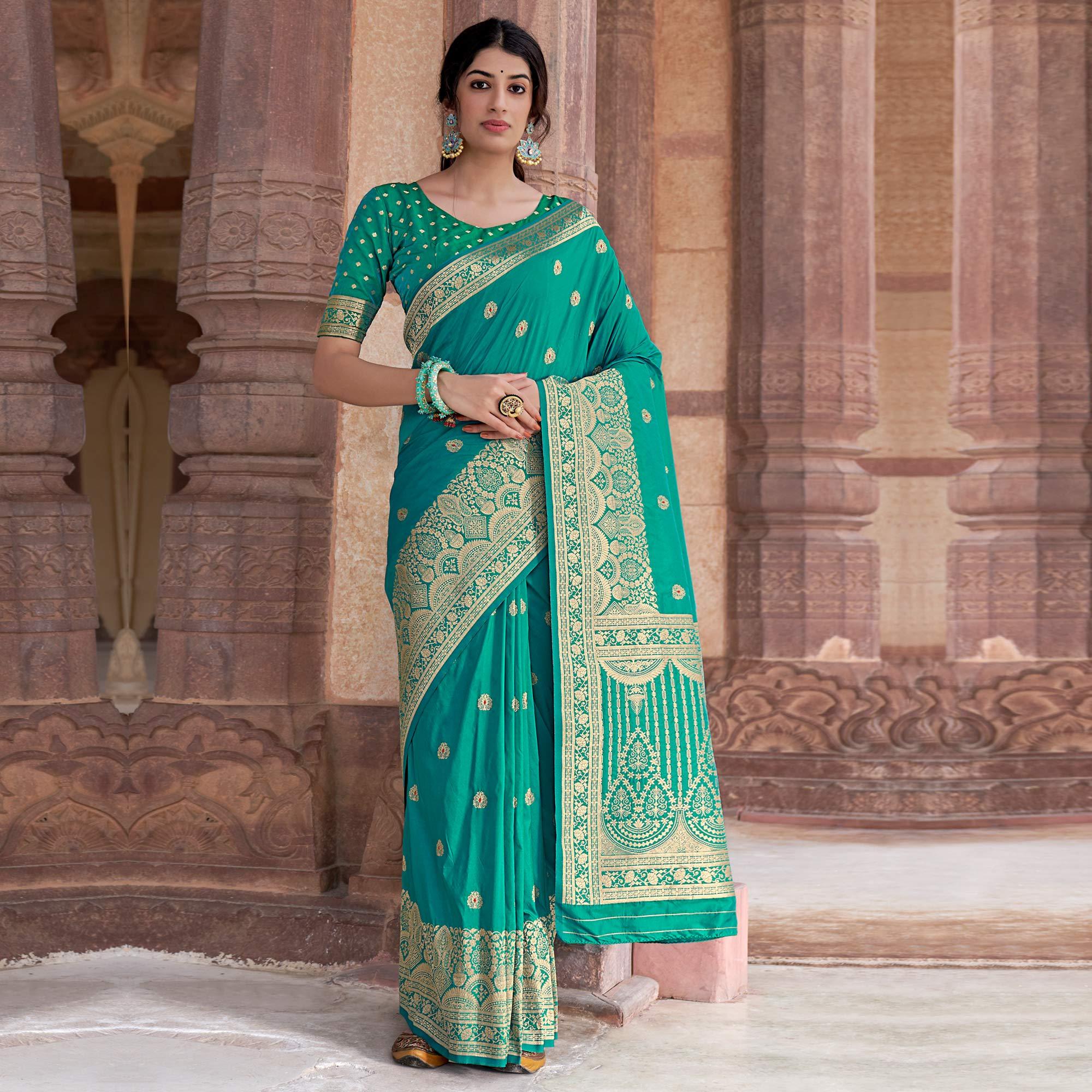Turquoise Festive Wear Woven Banarasi Silk Saree - Peachmode