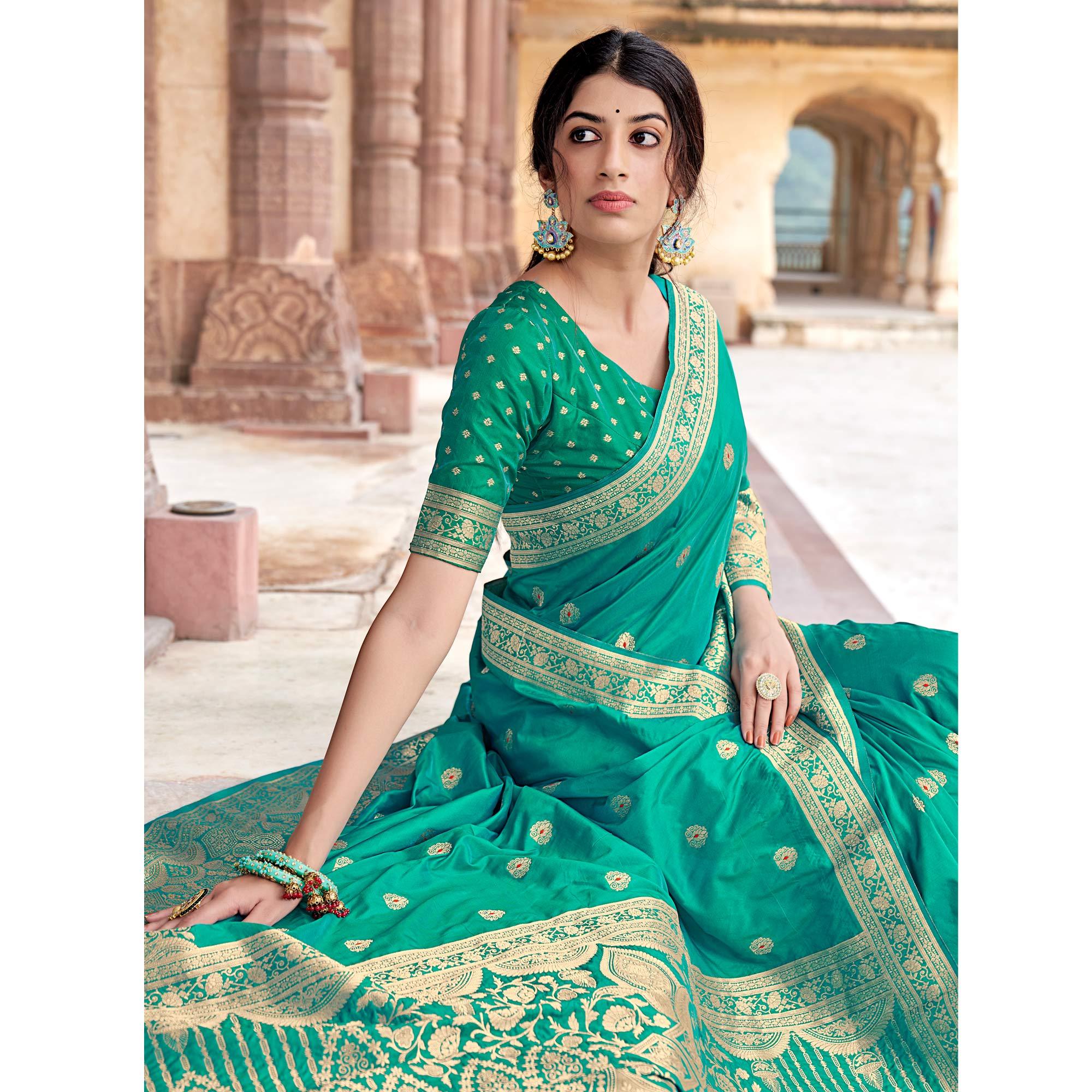 Turquoise Festive Wear Woven Banarasi Silk Saree - Peachmode