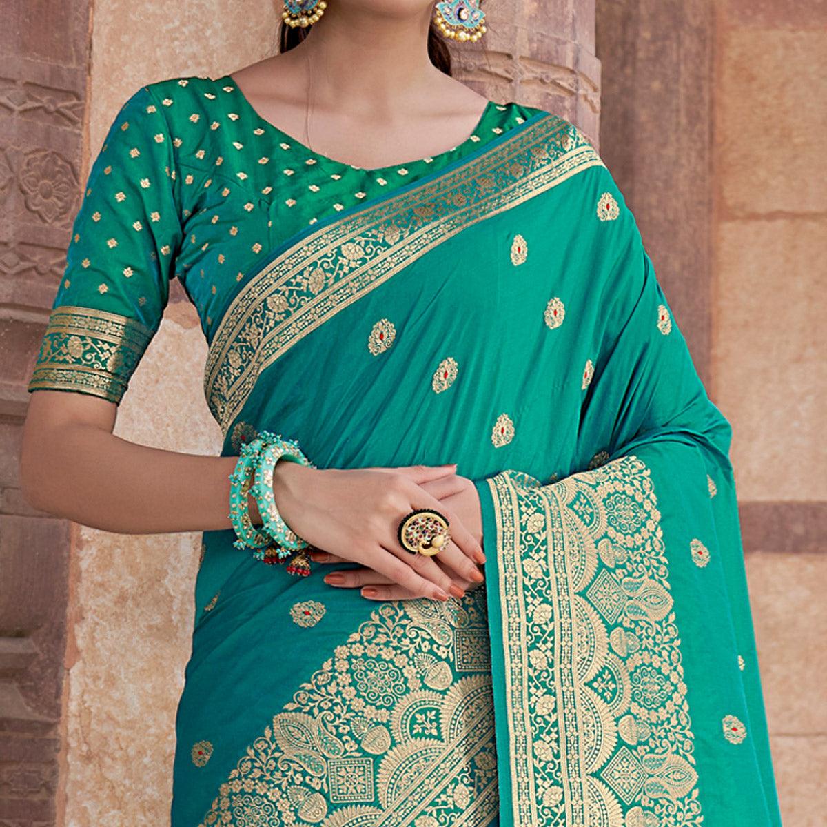 Turquoise Festive Wear Woven Banarasi Silk Saree - Peachmode