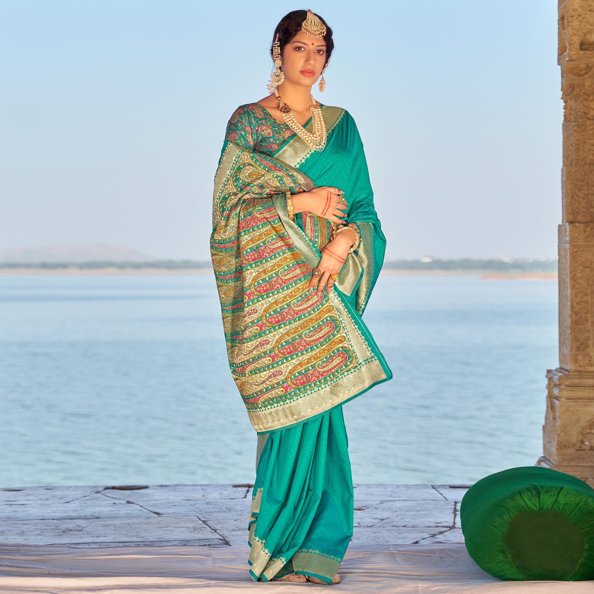 Turquoise Festive Wear Woven Banarasi Silk Saree - Peachmode