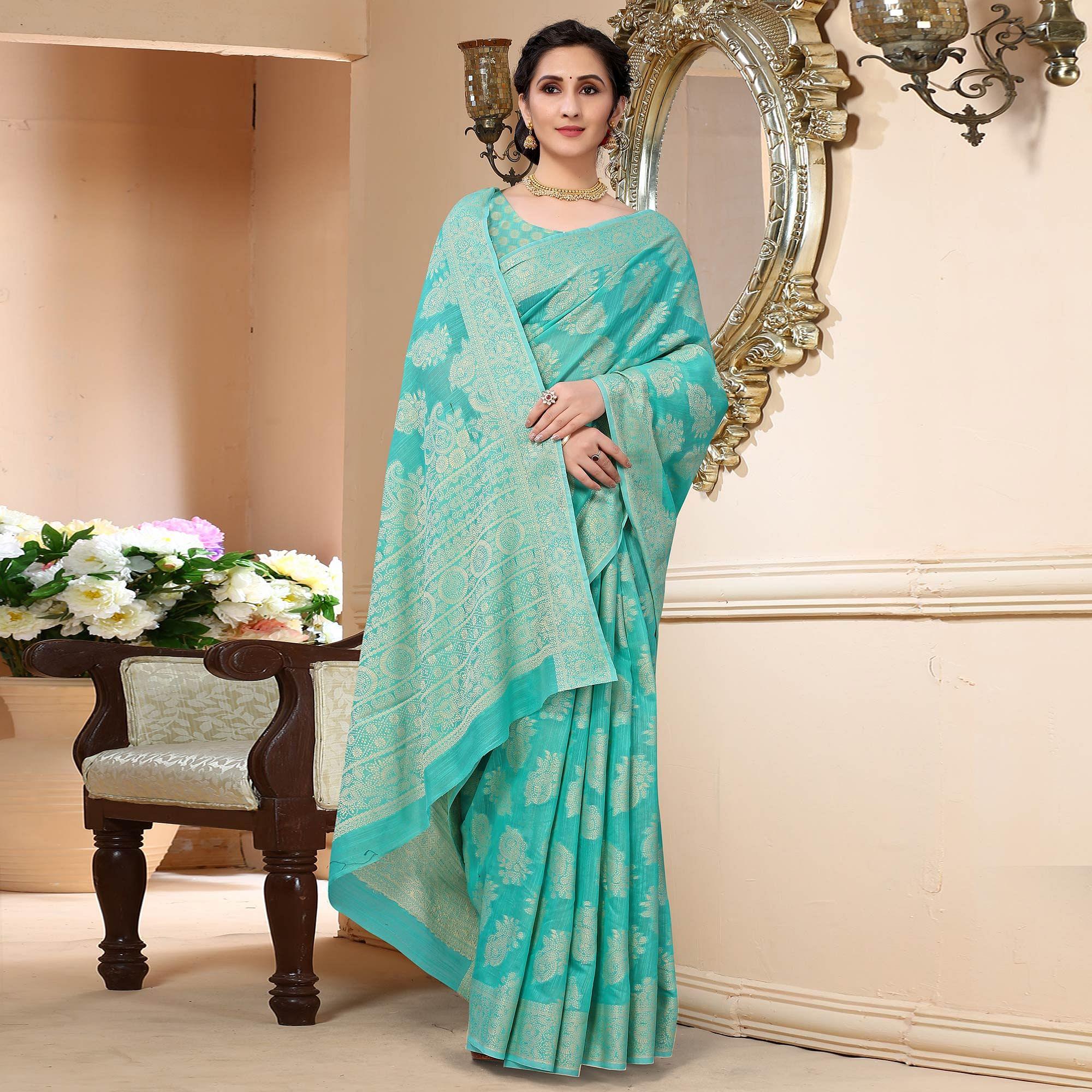 Turquoise Festive Wear Woven Cotton Saree - Peachmode