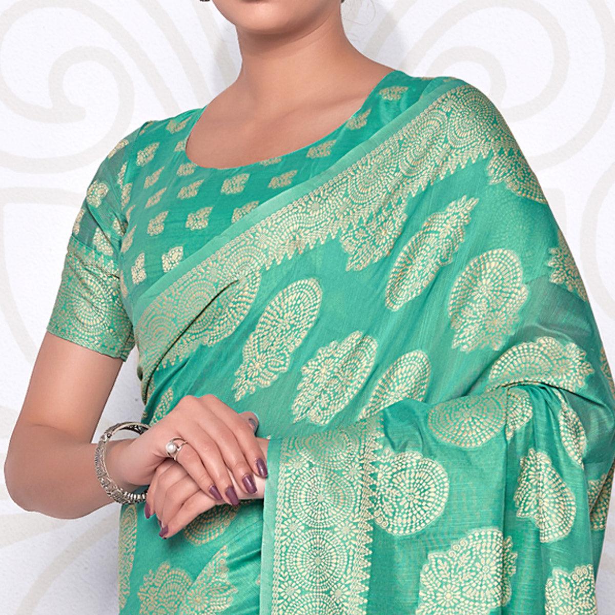 Turquoise Festive Wear Woven Cotton Saree - Peachmode