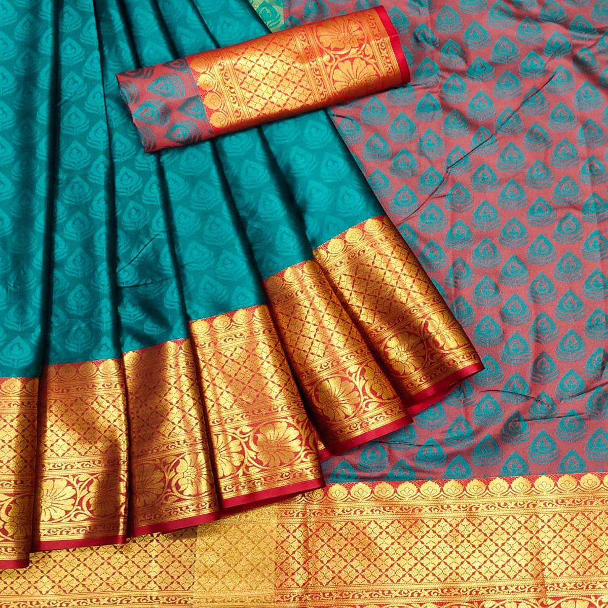 Turquoise Festive Wear Woven Cotton Saree With Tassels - Peachmode