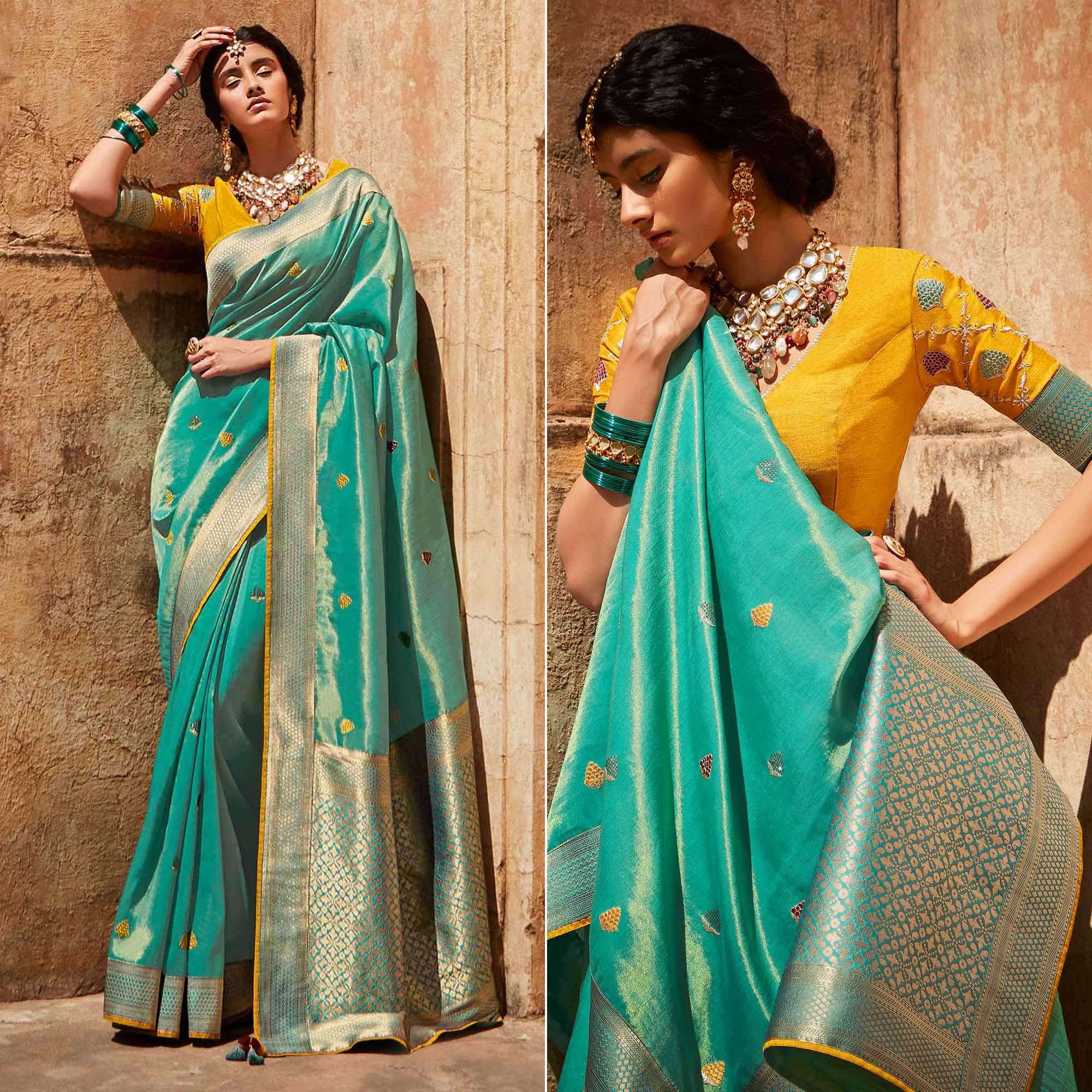 Turquoise Festive Wear Woven-Embroidered Silk Saree - Peachmode