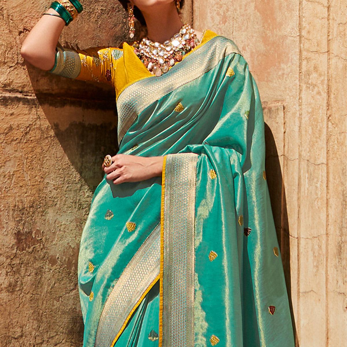 Turquoise Festive Wear Woven-Embroidered Silk Saree - Peachmode